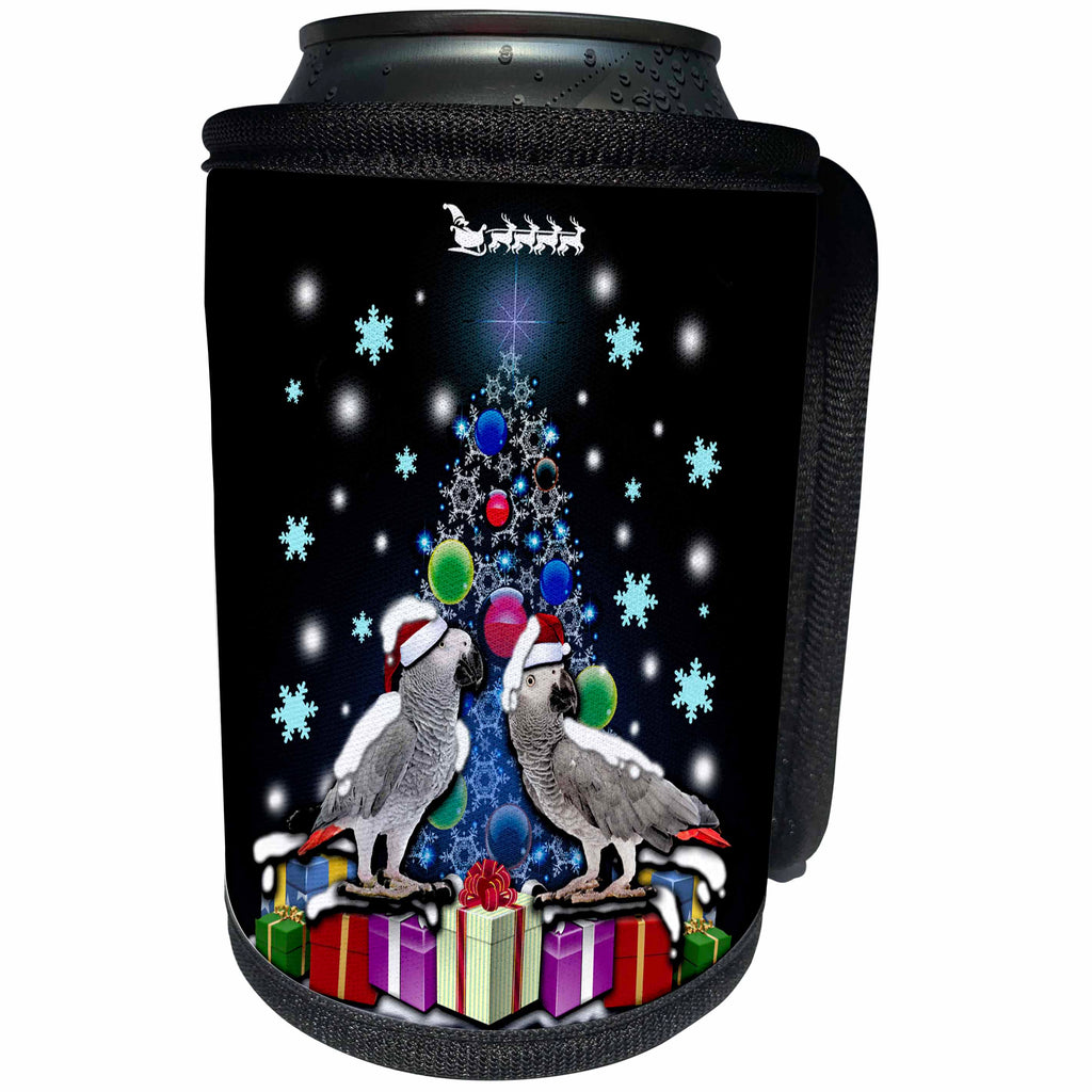 3dRose Sven Herkenrath Animal - African Grey Parrot with Christmas Tree and Gift Boxes - Can Cooler Bottle Wrap (cc_266266)
