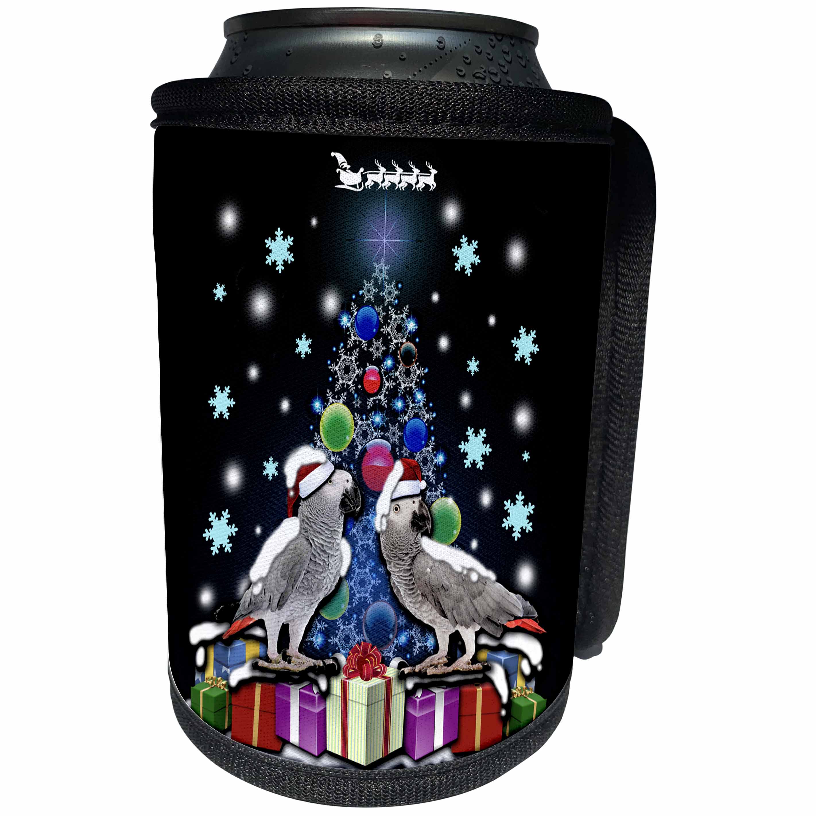 3dRose Sven Herkenrath Animal - African Grey Parrot with Christmas Tree and Gift Boxes - Can Cooler Bottle Wrap (cc_266266)