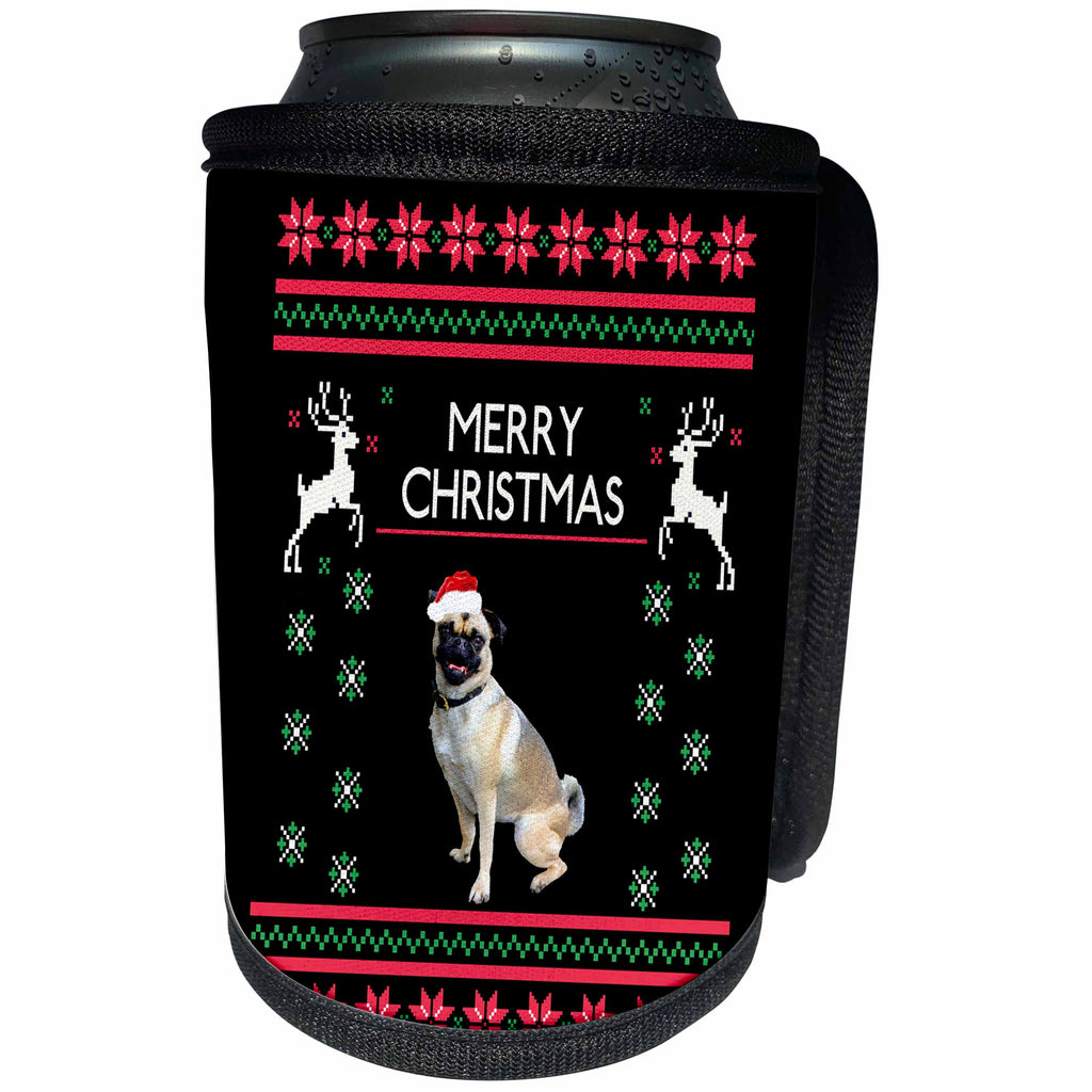 3dRose Sven Herkenrath Animal - Funny Pug Dog with Xmas Merry Christmas Phrases Season - Can Cooler Bottle Wrap (cc_266269)