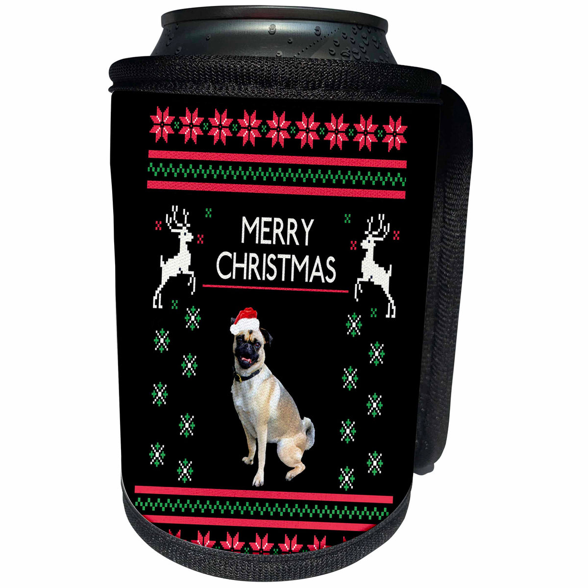 3dRose Sven Herkenrath Animal - Funny Pug Dog with Xmas Merry Christmas Phrases Season - Can Cooler Bottle Wrap (cc_266269)