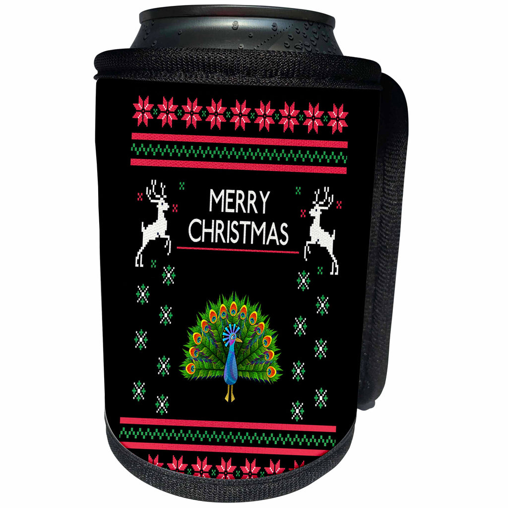 3dRose Sven Herkenrath Animal - Peacock Peafowl with Xmas Merry Christmas Quotes - Can Cooler Bottle Wrap (cc_266270)