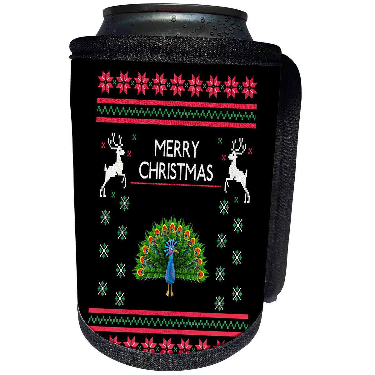 3dRose Sven Herkenrath Animal - Peacock Peafowl with Xmas Merry Christmas Quotes - Can Cooler Bottle Wrap (cc_266270)