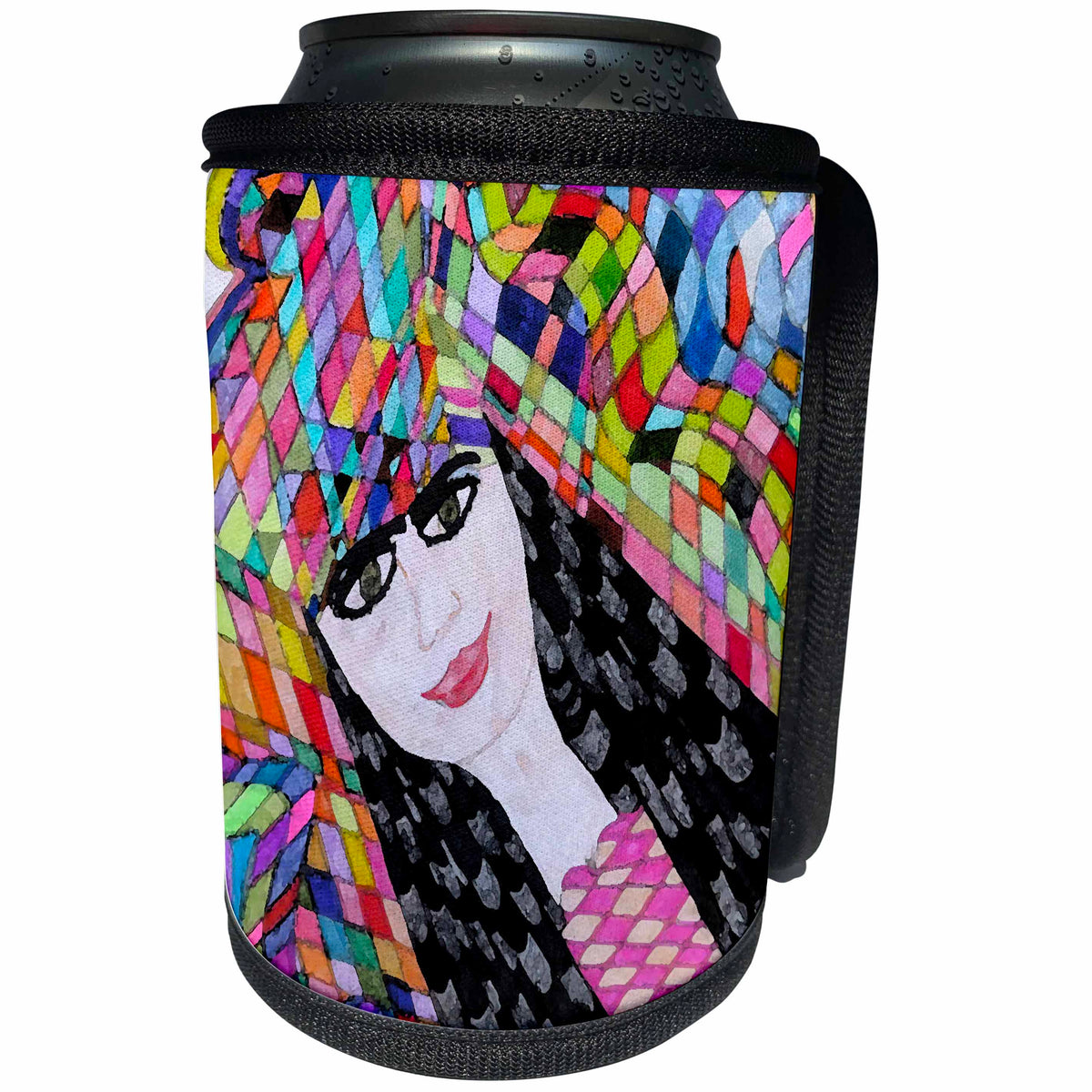 3dRose Jos Fauxtographee- Sketched Headdress Woman - A drawn picture of a woman with black hair in colorful headdress - Can Cooler Bottle Wrap (cc_266275)