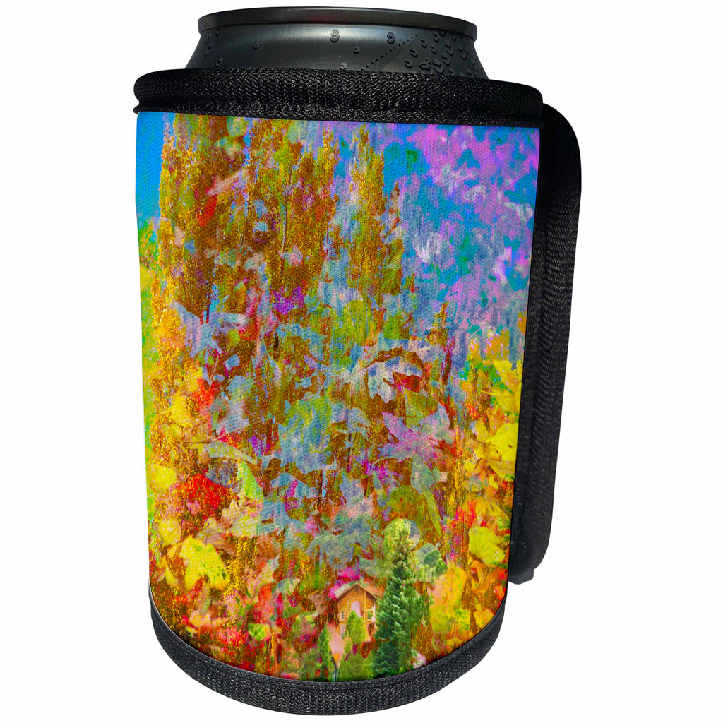 3dRose Jos Fauxtographee- Blended Layers Autumn - Fall colors in a blended layer with a cabin in orange and yellow - Can Cooler Bottle Wrap (cc_266283)