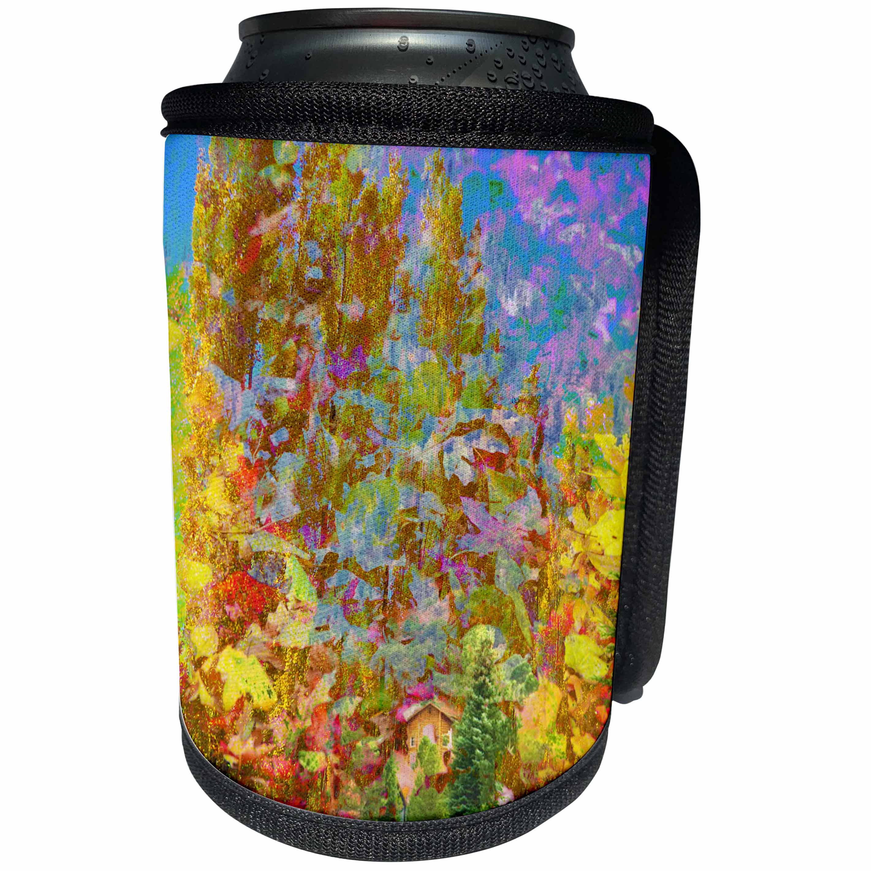 3dRose Jos Fauxtographee- Blended Layers Autumn - Fall colors in a blended layer with a cabin in orange and yellow - Can Cooler Bottle Wrap (cc_266283)