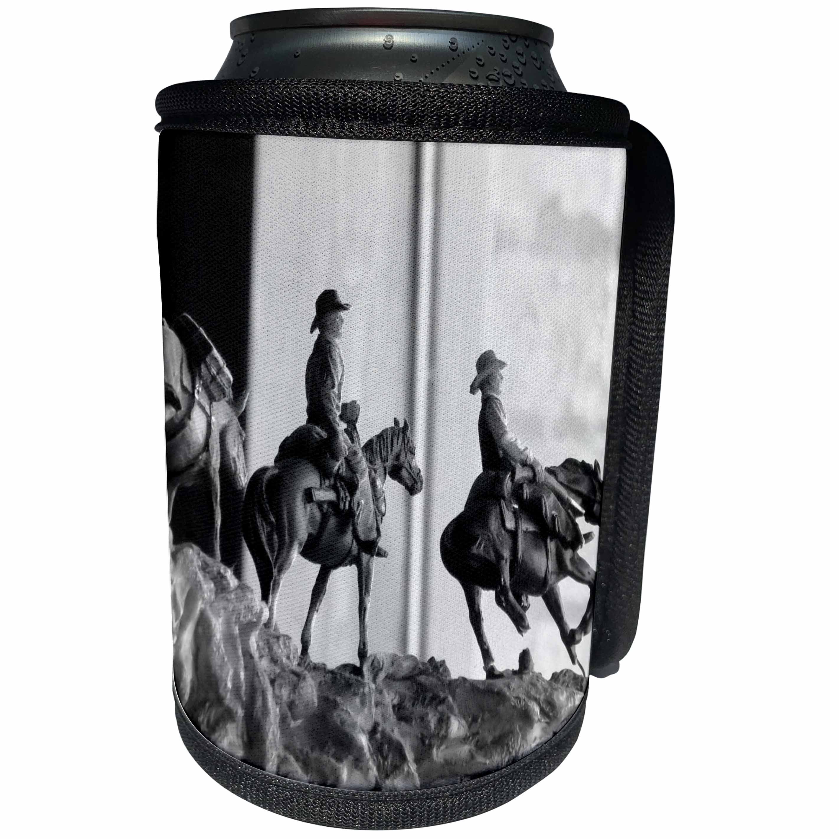 3dRose Jos Fauxtographee- Black and White Cowboys - Some cowboys riding horses in black and white - Can Cooler Bottle Wrap (cc_266285)