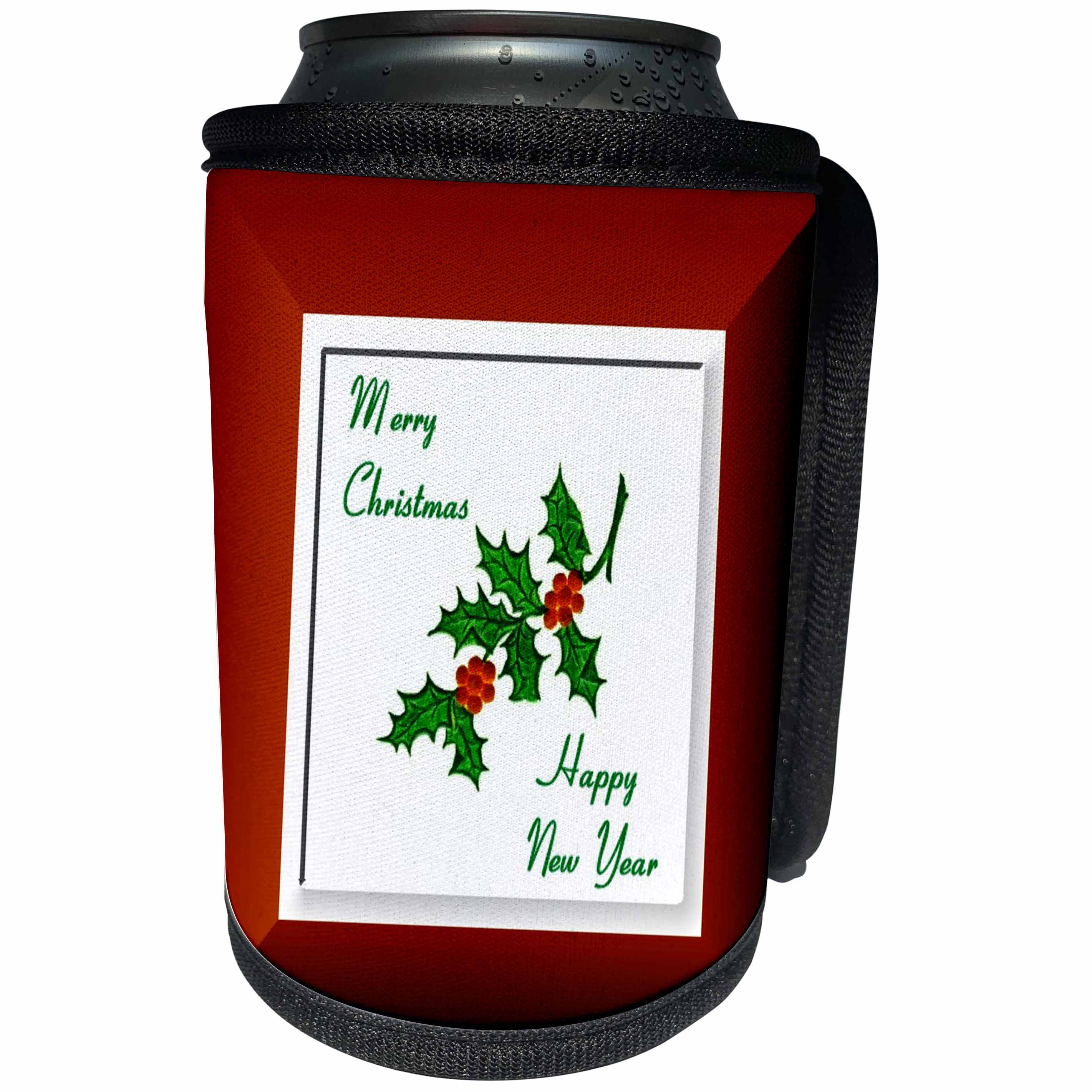 3dRose SmudgeArt All Things Christmas - Christmas Holly Merry Christmas Happy New Year - Can Cooler Bottle Wrap (cc_26630)