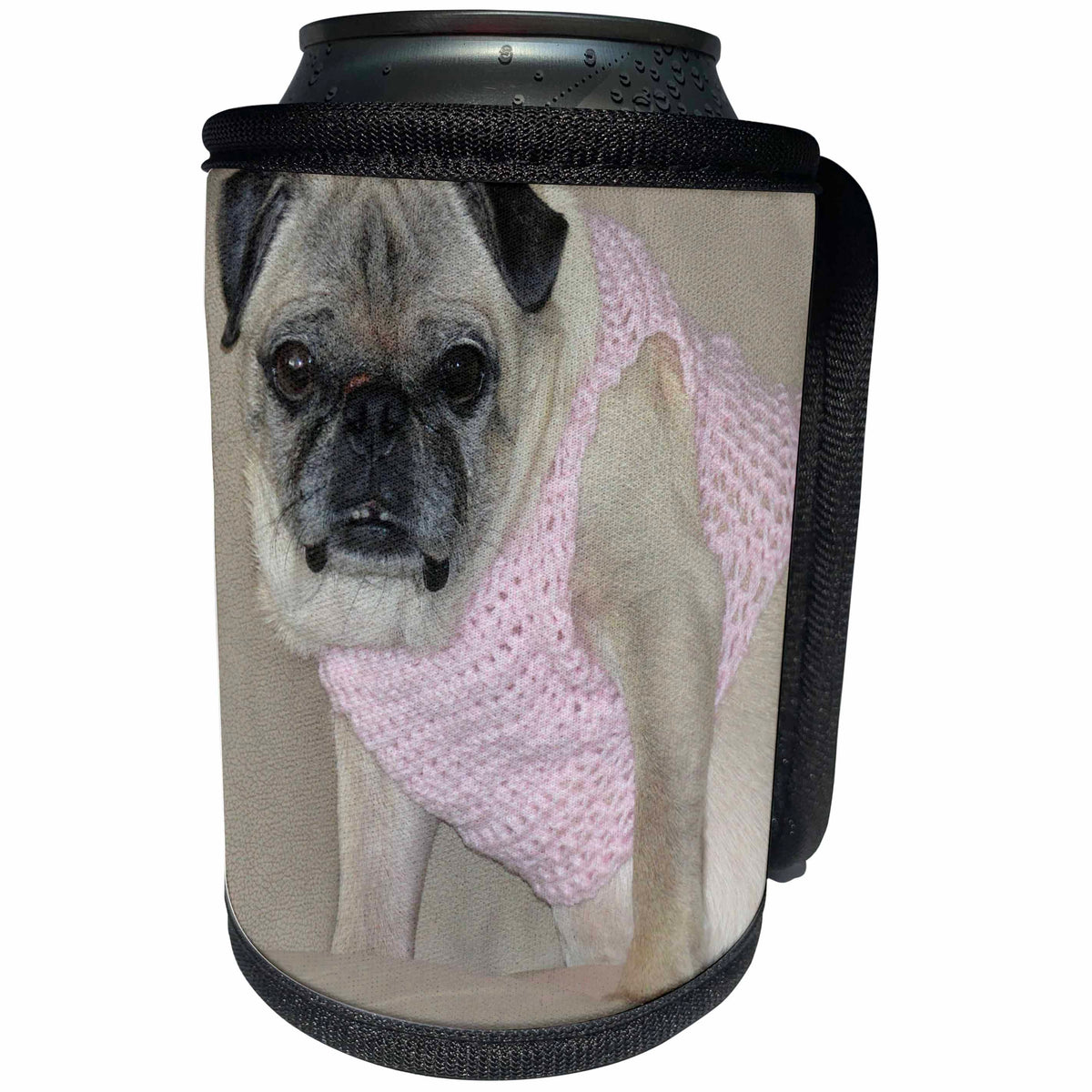 3dRose Jos Fauxtographee- Pug in a Pink Sweater - An ugly yet cute pug doggie on a tan couch in a pink sweater - Can Cooler Bottle Wrap (cc_266304)