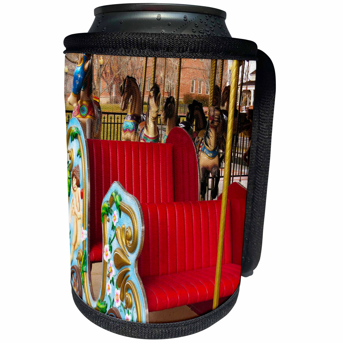 3dRose Jos Fauxtographee- Carousel Chair in Red - A red seat on a carousel in St. George Utah with painted sides - Can Cooler Bottle Wrap (cc_266307)