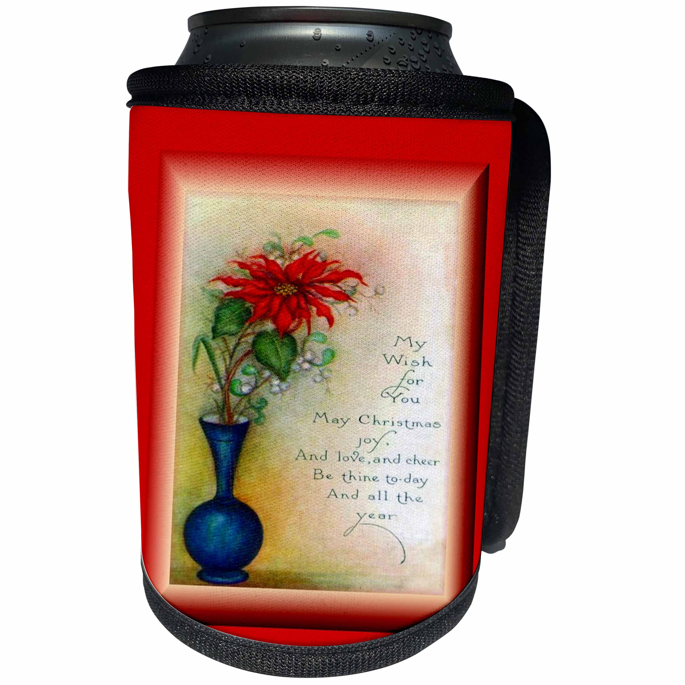 3dRose SmudgeArt All Things Christmas - Christmas Poinsettia And Verse - Can Cooler Bottle Wrap (cc_26631)