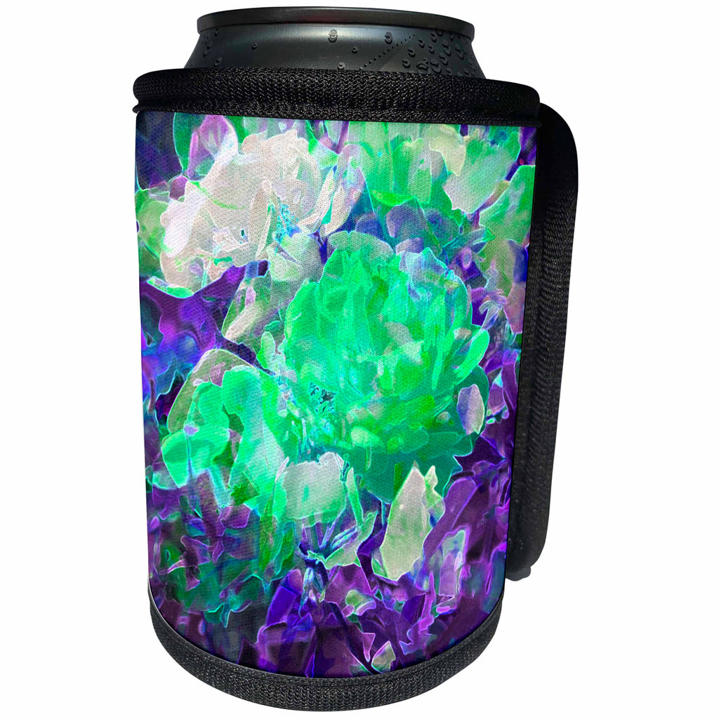 3dRose Jos Fauxtographee- Accented Edges Floral - Green and purple with white roses in a bunch - Can Cooler Bottle Wrap (cc_266319)