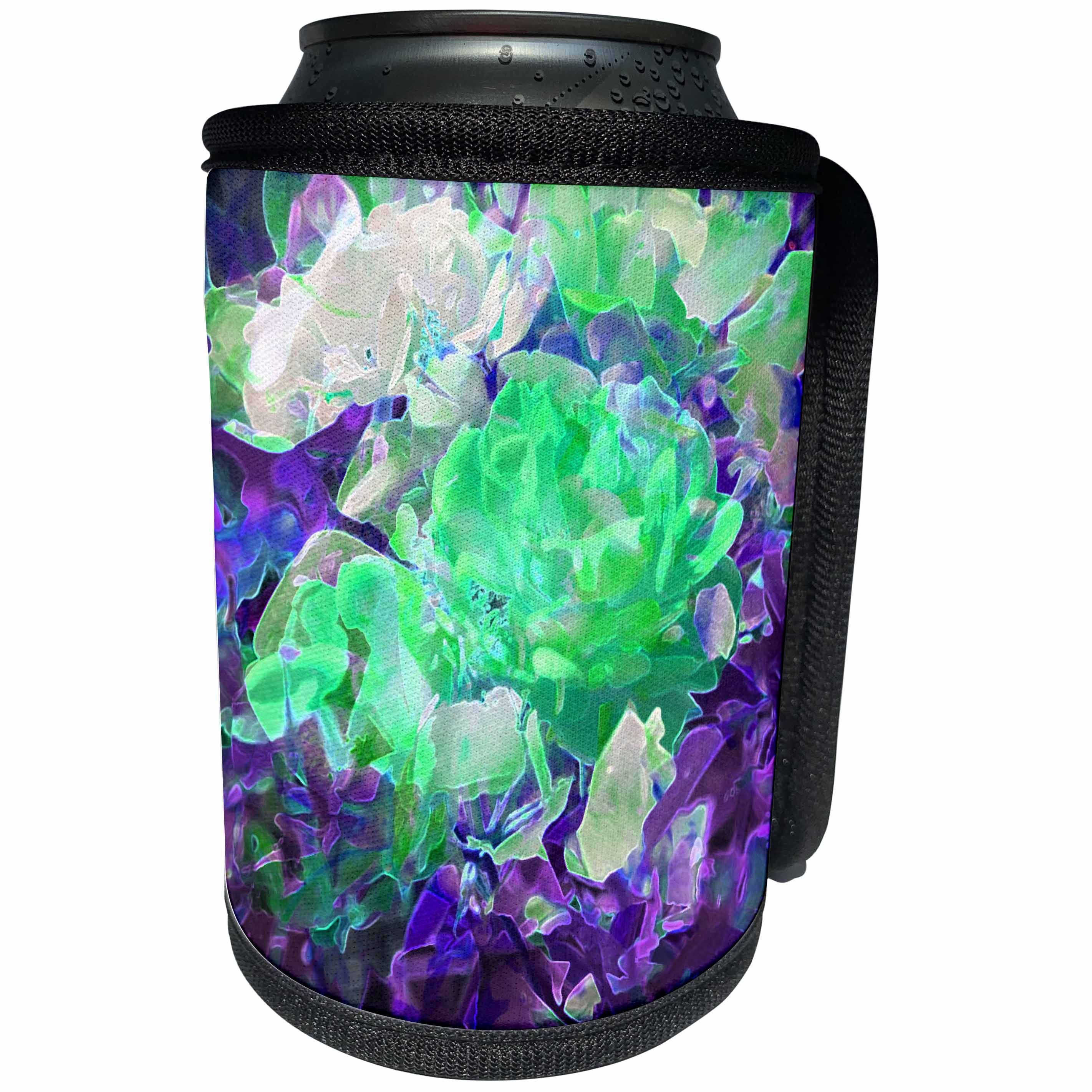 3dRose Jos Fauxtographee- Accented Edges Floral - Green and purple with white roses in a bunch - Can Cooler Bottle Wrap (cc_266319)