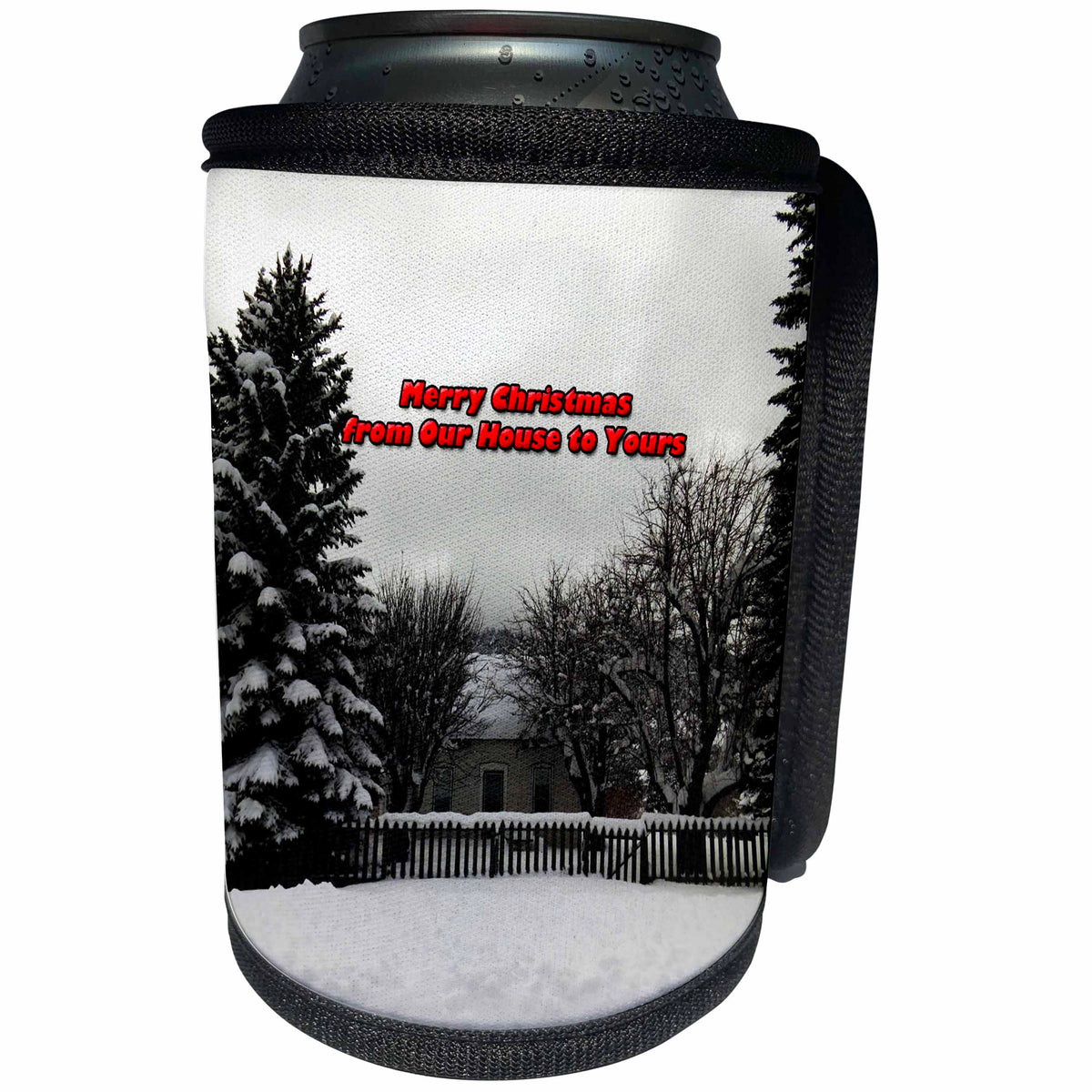 3dRose Jos Fauxtographee- Merry Christmas Winter Scene - Merry Christmas from our house to yours in snow - Can Cooler Bottle Wrap (cc_266323)