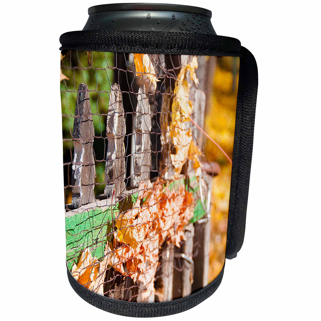 3dRose Jos Fauxtographee- Ole Fence In Fall - Fall leaves stuck in an old wooden picket fence in Autumn - Can Cooler Bottle Wrap (cc_266329)