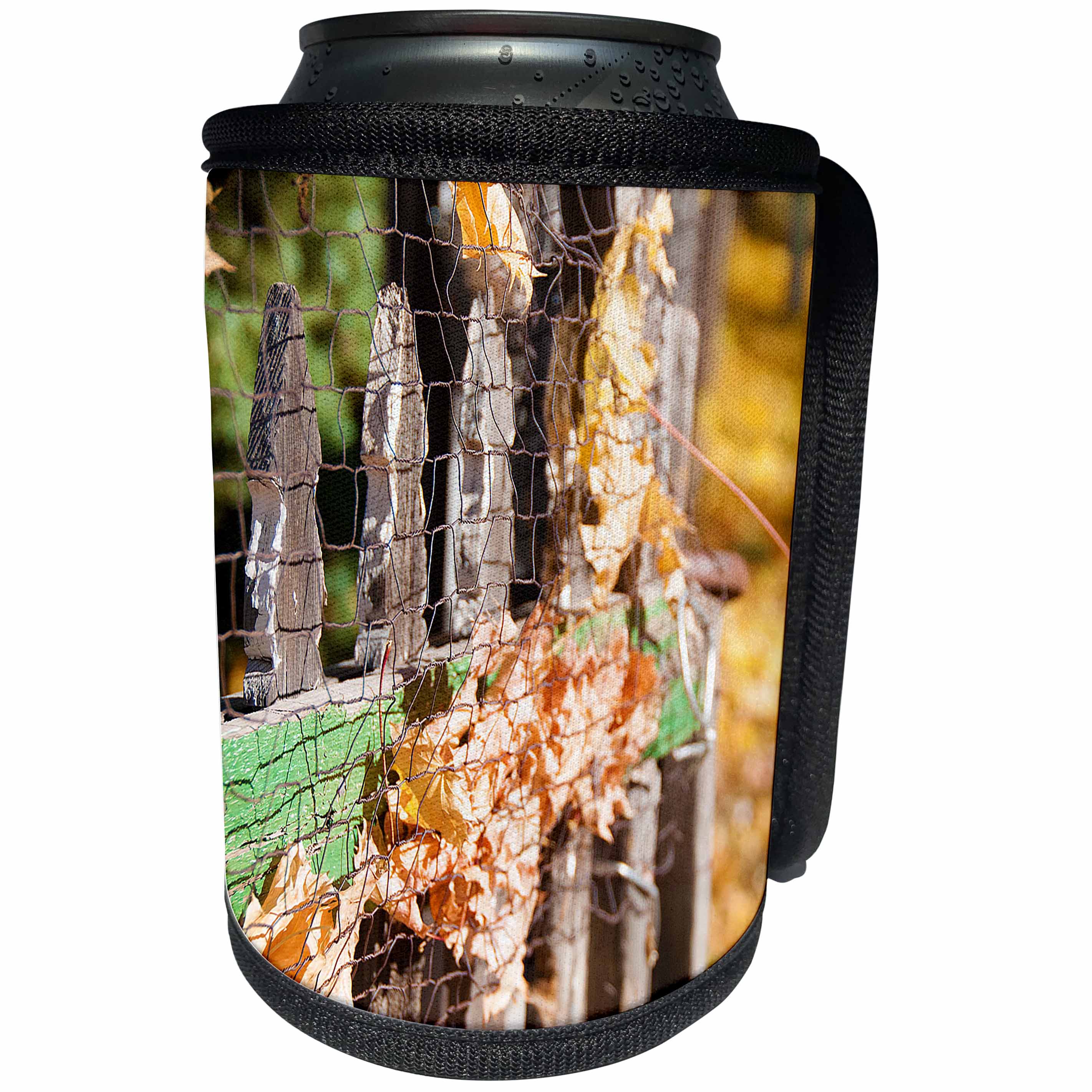 3dRose Jos Fauxtographee- Ole Fence In Fall - Fall leaves stuck in an old wooden picket fence in Autumn - Can Cooler Bottle Wrap (cc_266329)