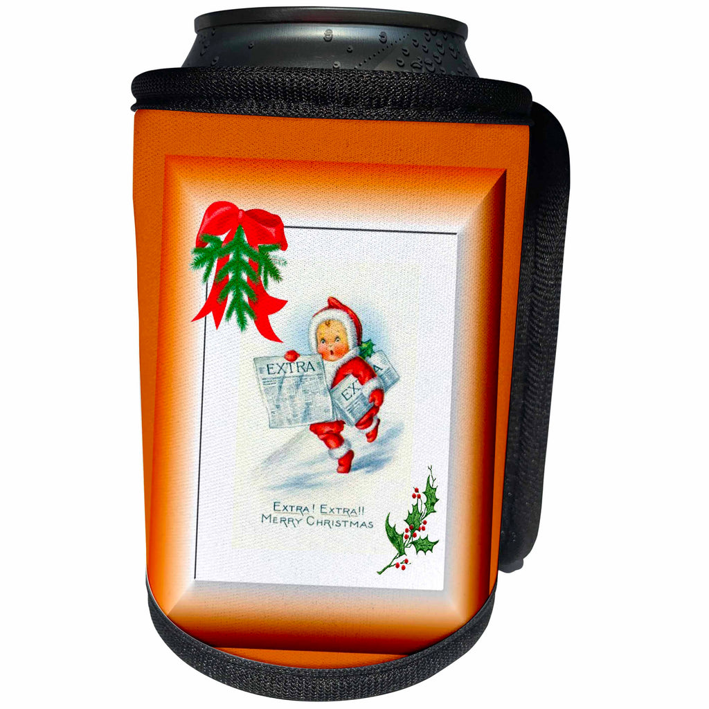 3dRose SmudgeArt All Things Christmas - A Little Boy With Newspapers Extra Extra Merry Christmas - Can Cooler Bottle Wrap (cc_26633)