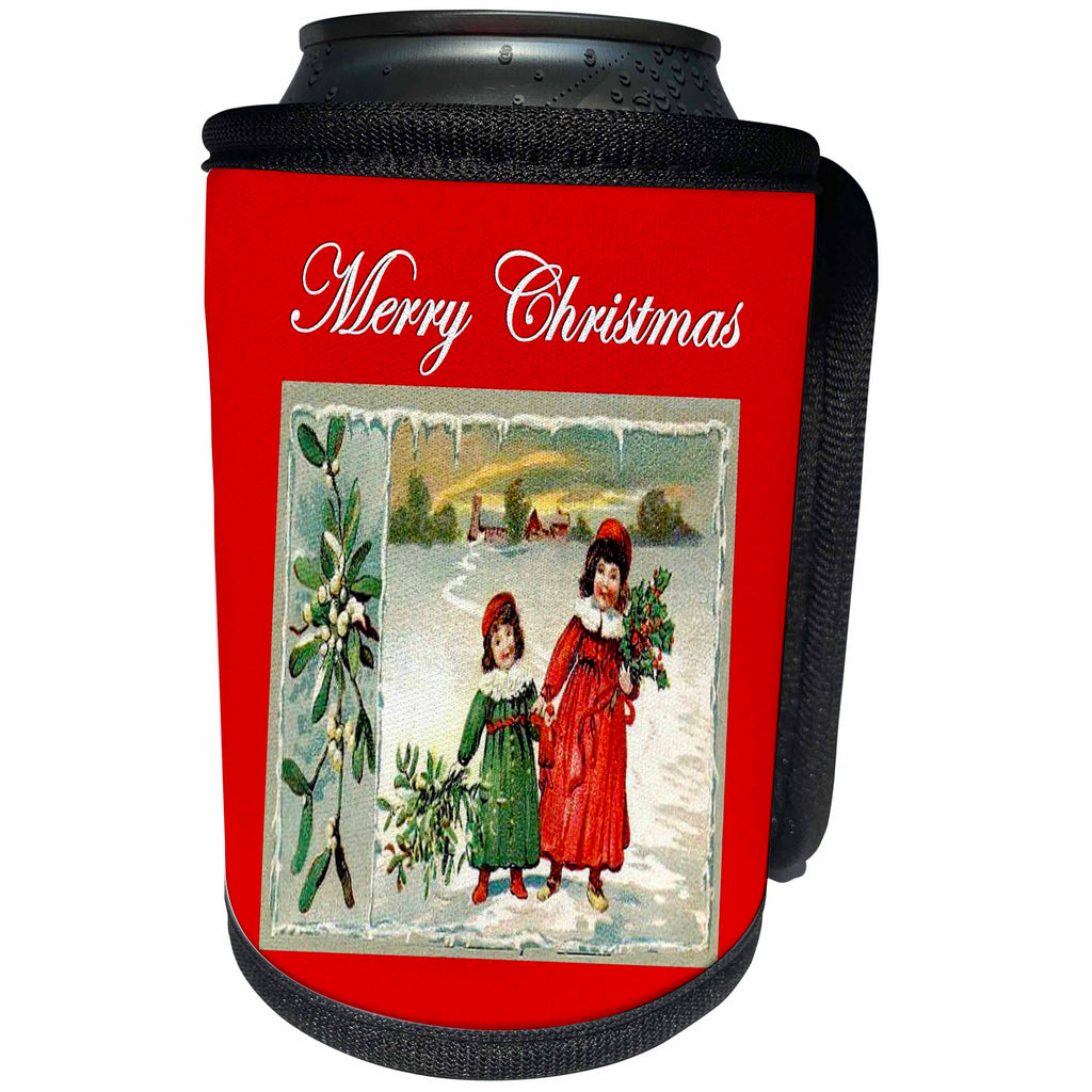 3dRose SmudgeArt All Things Christmas - Holly Girls Snow Merry Christmas - Can Cooler Bottle Wrap (cc_26635)