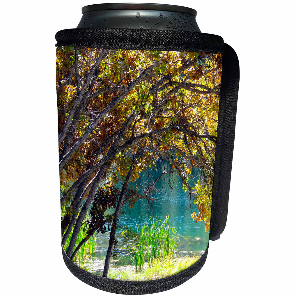 3dRose Jos Fauxtographee- Golden Foliage Framing Lake - Gold foliage on a tree framing a turquoise colored lake - Can Cooler Bottle Wrap (cc_266360)