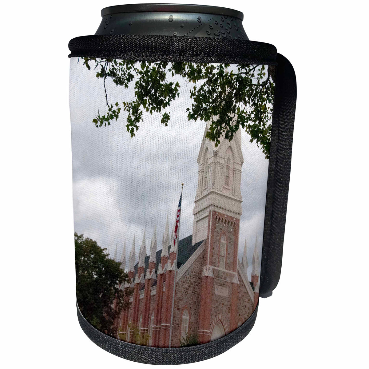 3dRose Jos Fauxtographee- Brigham City Tabernacle Utah - The Brigham City Tabernacle framed by green leaves of a tree - Can Cooler Bottle Wrap (cc_266361)