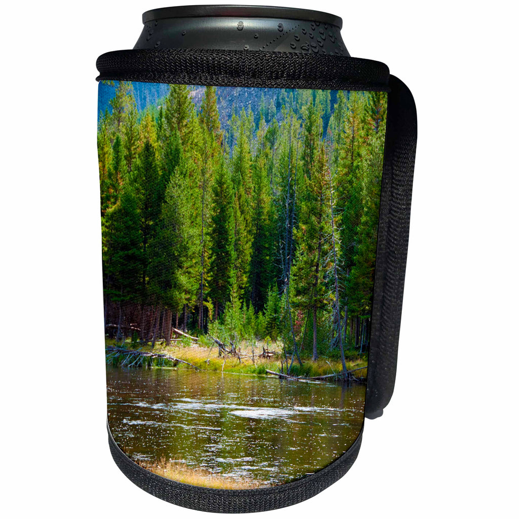 3dRose Jos Fauxtographee- Yellowstone Trees and Lake - Trees lining the lake in Yellowstone National Park of Wyoming - Can Cooler Bottle Wrap (cc_266365)