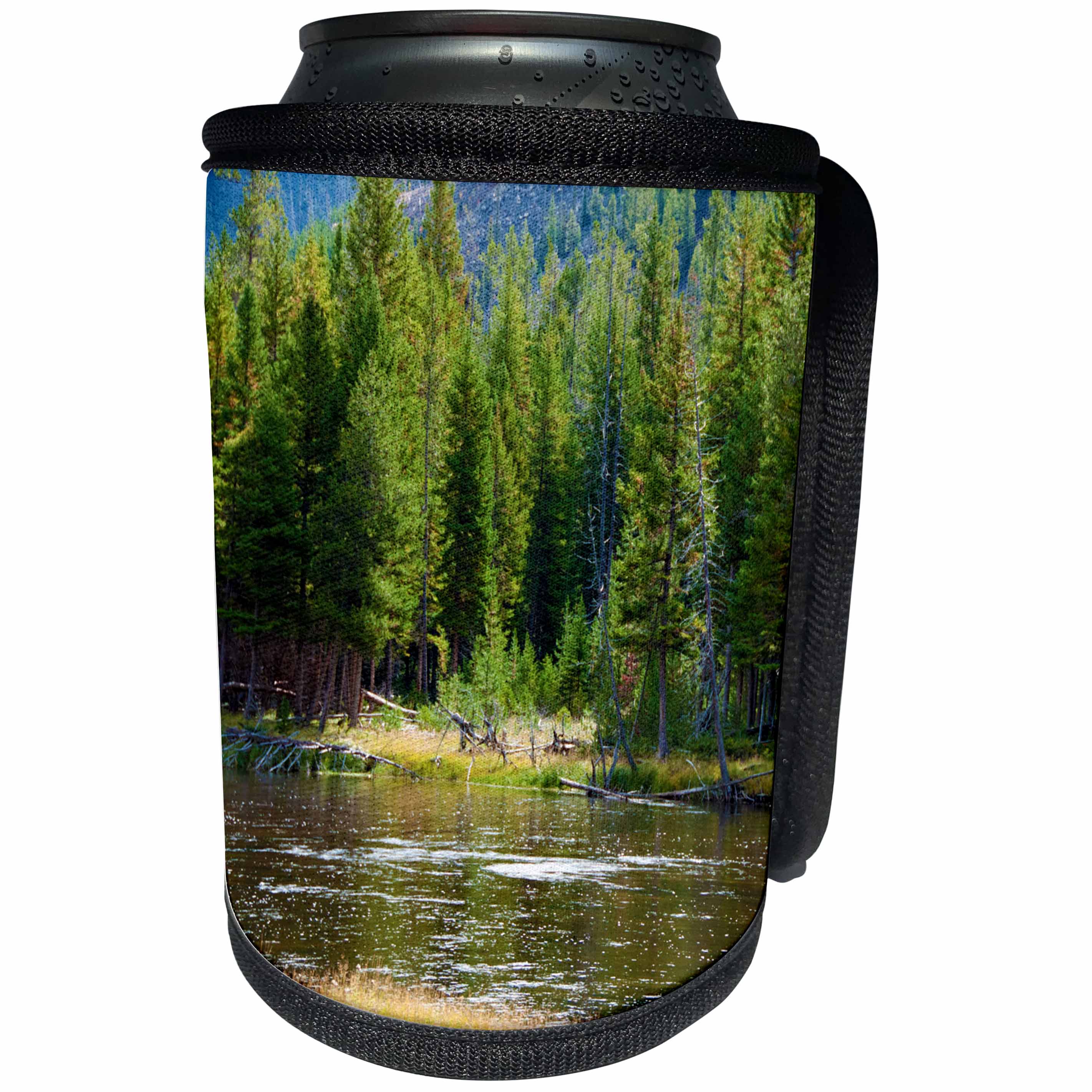 3dRose Jos Fauxtographee- Yellowstone Trees and Lake - Trees lining the lake in Yellowstone National Park of Wyoming - Can Cooler Bottle Wrap (cc_266365)
