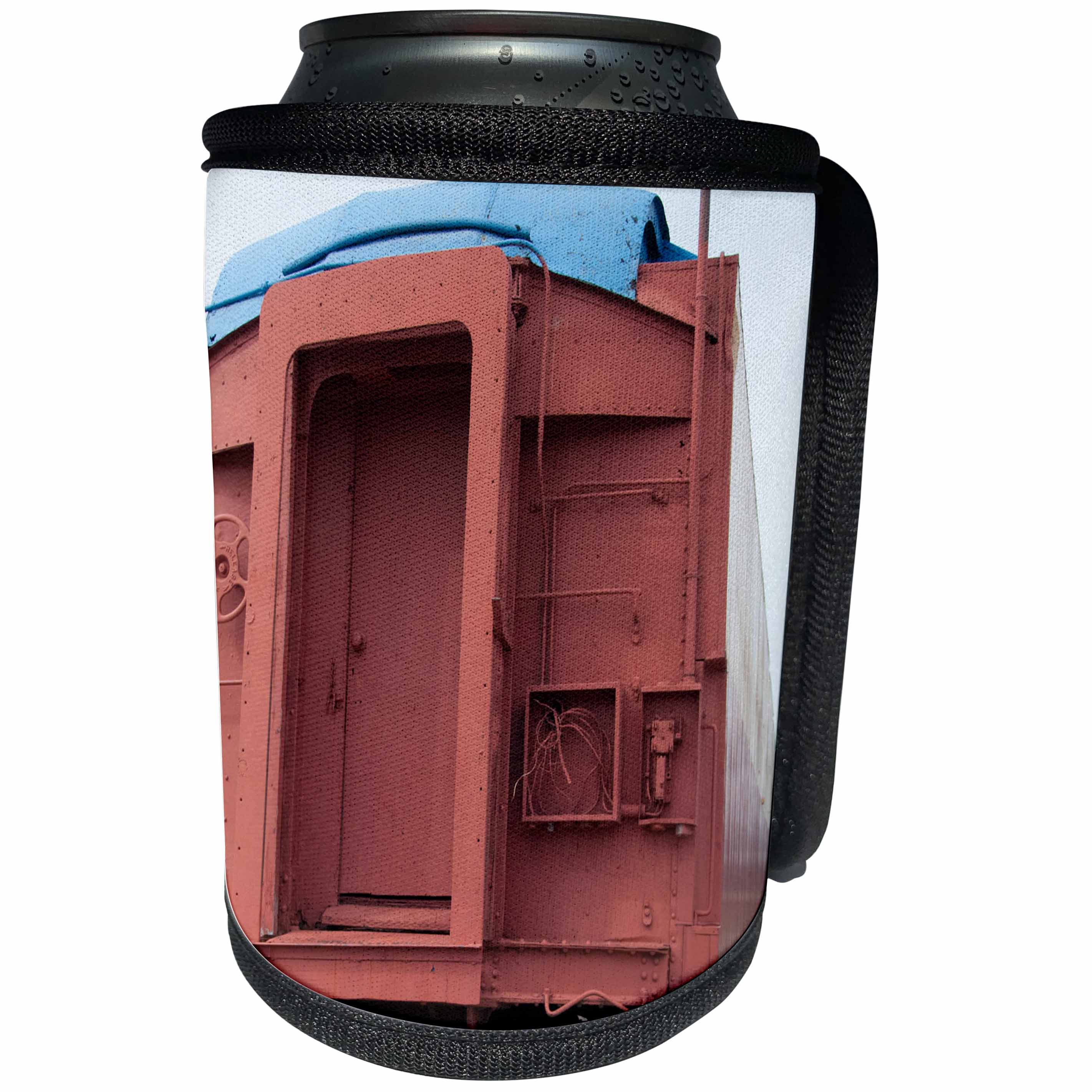 3dRose Jos Fauxtographee- Train Caboose - The red caboose at the end of a train shot up close with blue - Can Cooler Bottle Wrap (cc_266368)