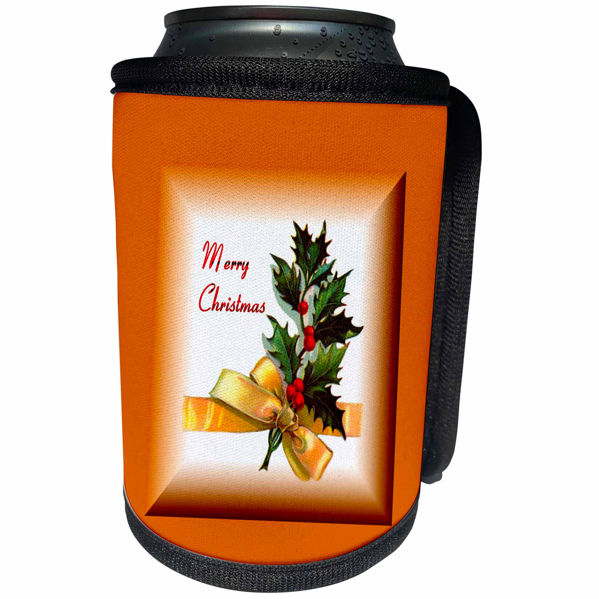 3dRose SmudgeArt All Things Christmas - Holly Leaves Bow Merry Christmas - Can Cooler Bottle Wrap (cc_26637)