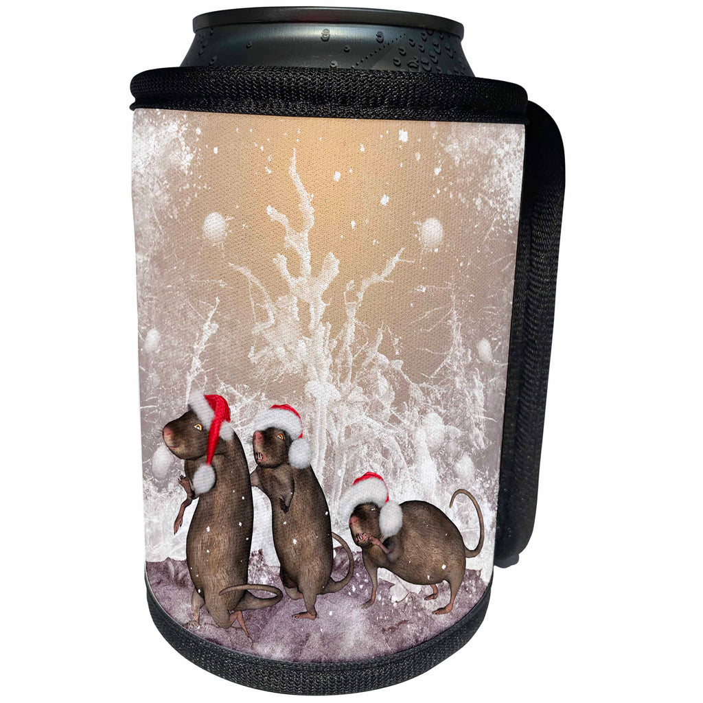 3dRose Heike Köhnen Design Holiday Christmas - Funny Christmas rats with Christmas hat - Can Cooler Bottle Wrap (cc_266377)