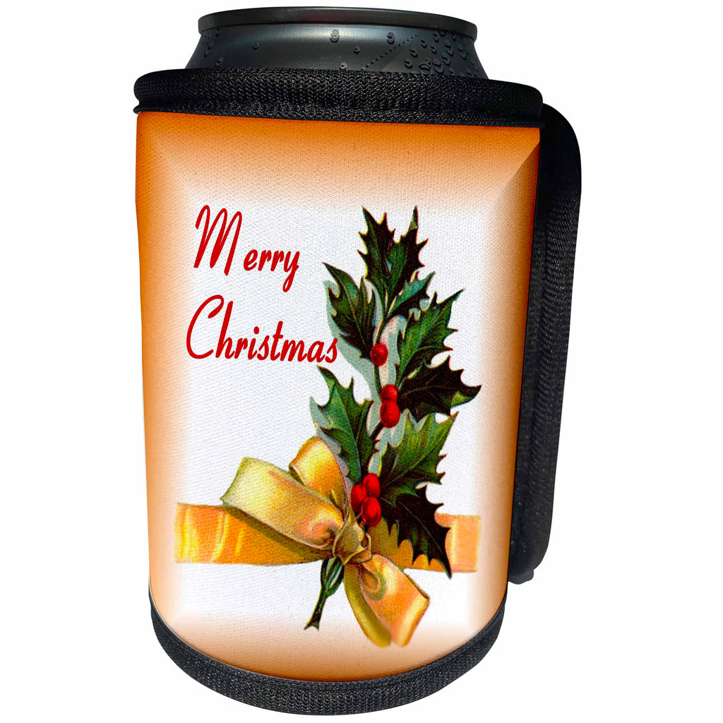 3dRose SmudgeArt All Things Christmas - Holly Leaves Bow 2 Merry Christmas - Can Cooler Bottle Wrap (cc_26638)