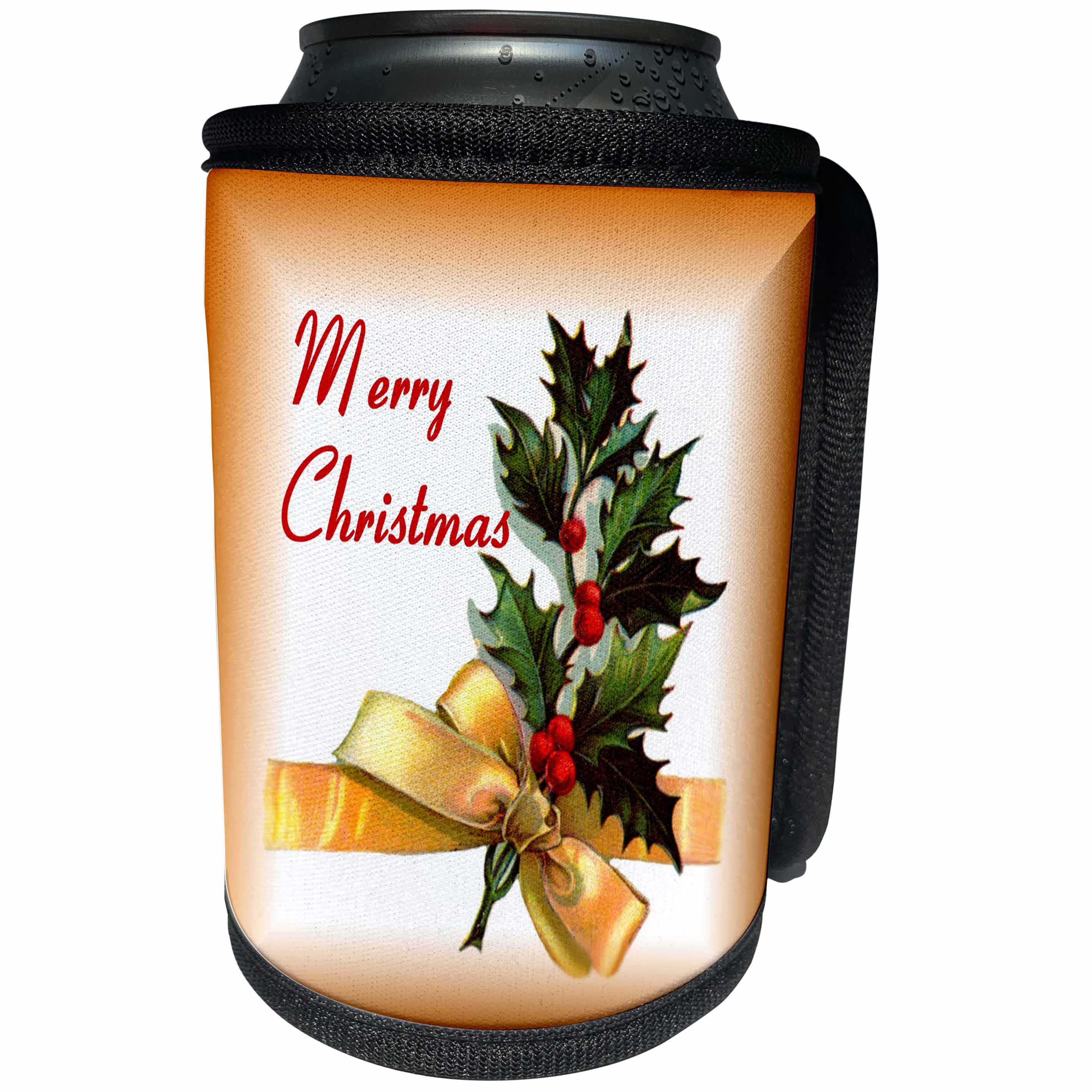 3dRose SmudgeArt All Things Christmas - Holly Leaves Bow 2 Merry Christmas - Can Cooler Bottle Wrap (cc_26638)