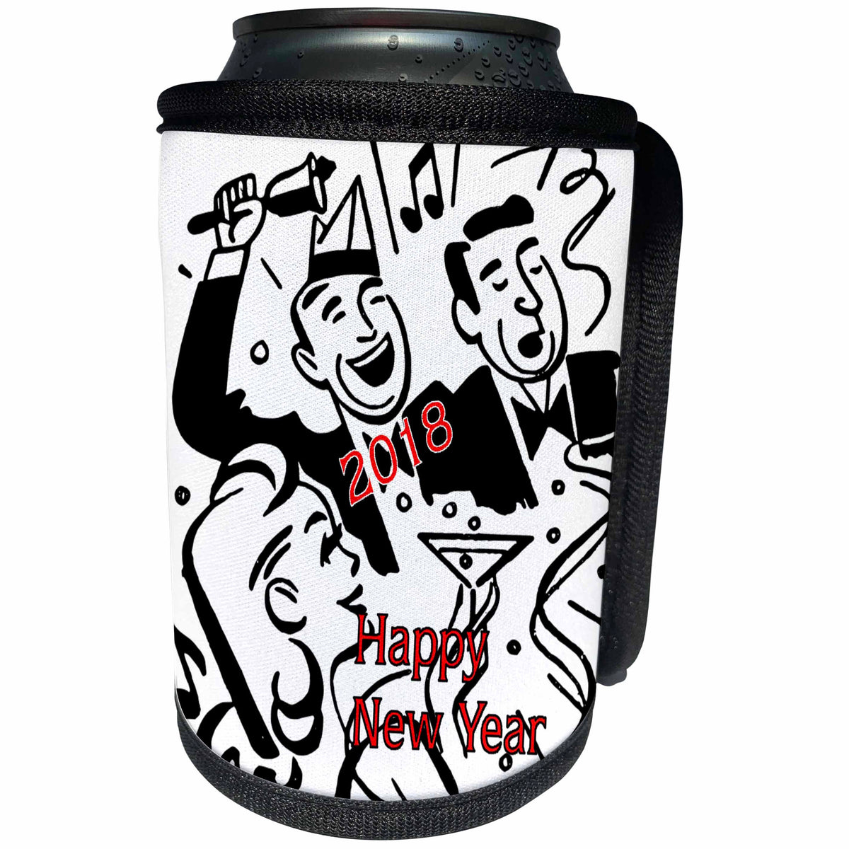 3dRose New Year Designs - Image of Retro Black and White With Red Happy New Year - Can Cooler Bottle Wrap (cc_266393)