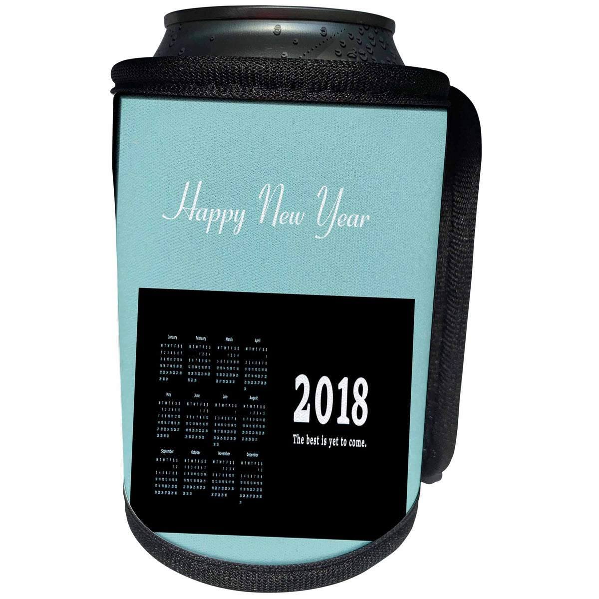 3dRose New Year Designs - Image of Happy New Year With Aqua and Black 2018 Calendar - Can Cooler Bottle Wrap (cc_266395)