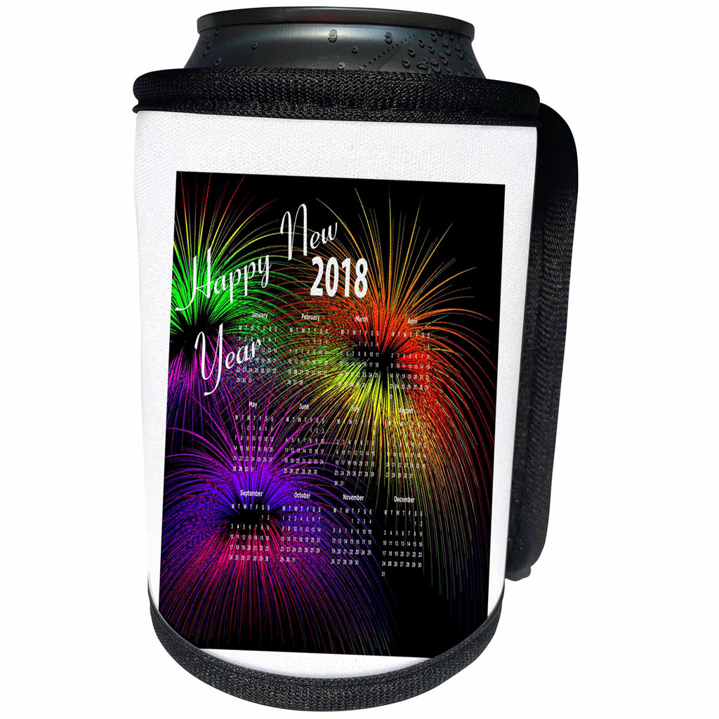 3dRose New Year Designs - Image of Happy New Year 2018 With Bright Fireworks - Can Cooler Bottle Wrap (cc_266396)