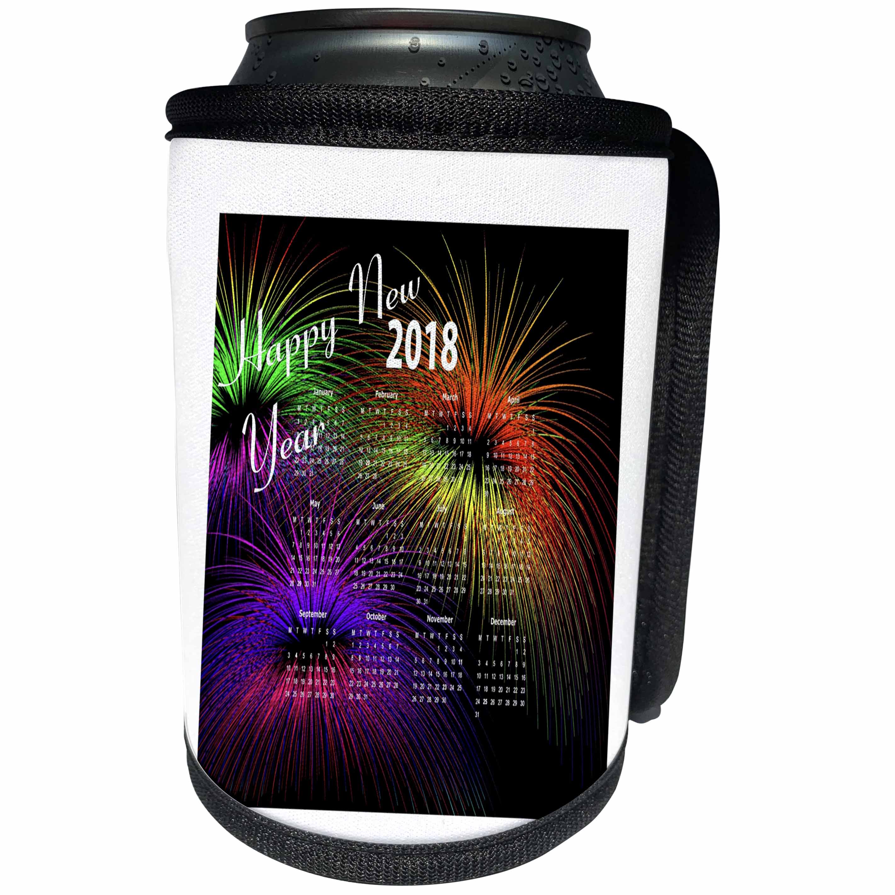 3dRose New Year Designs - Image of Happy New Year 2018 With Bright Fireworks - Can Cooler Bottle Wrap (cc_266396)
