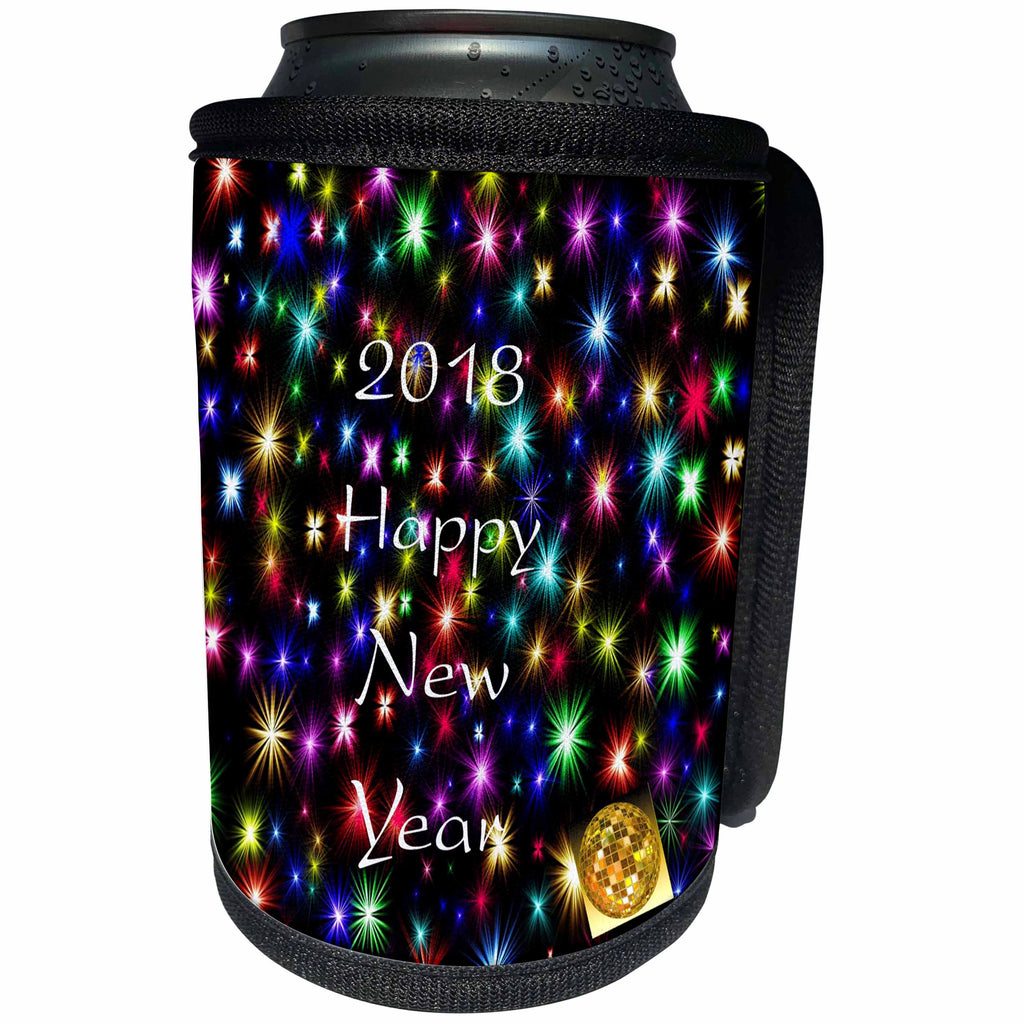 3dRose New Year Designs - Image of Happy New Year On Colored Stars With Gold Ball - Can Cooler Bottle Wrap (cc_266397)
