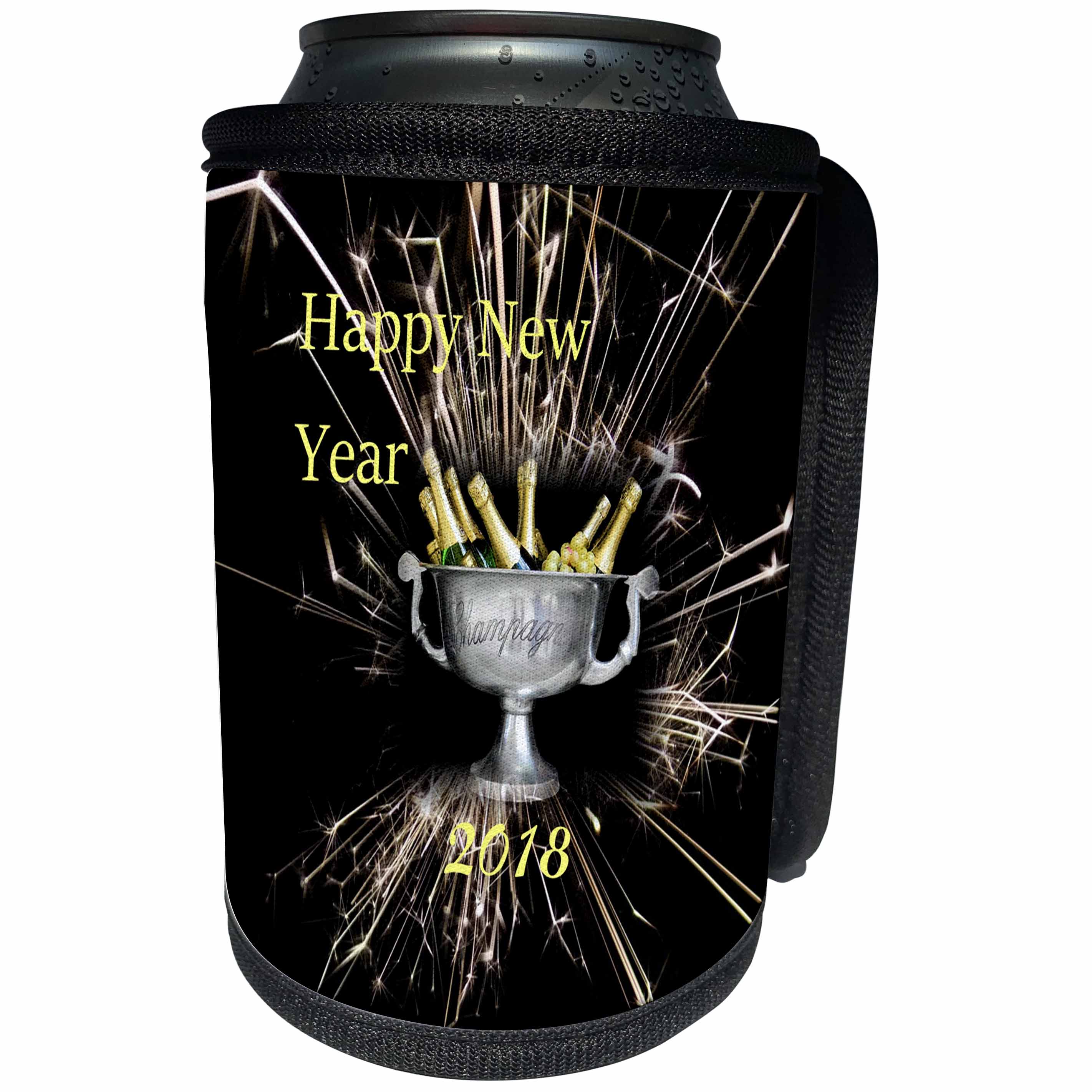 3dRose New Year Designs - Image of New Year 2018 Champagne Bottles On Fireworks - Can Cooler Bottle Wrap (cc_266399)