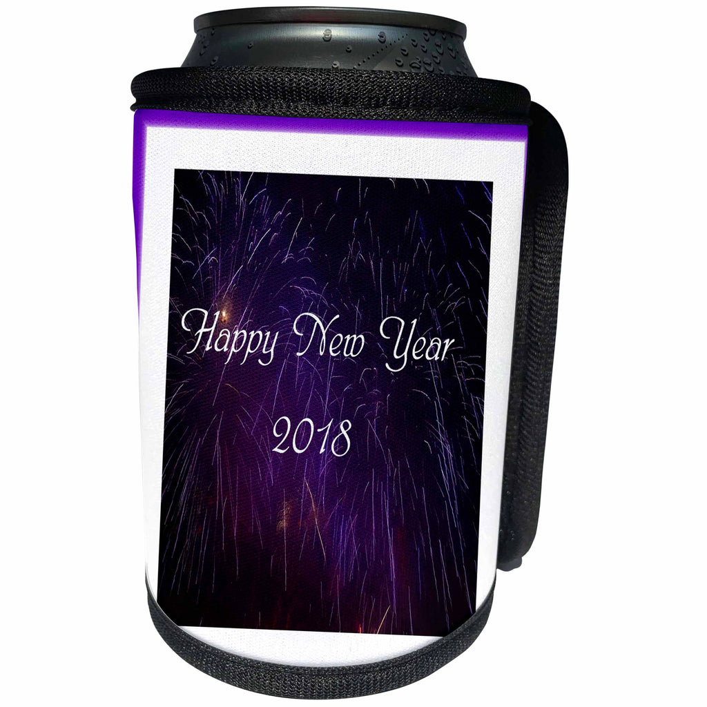 3dRose New Year Designs - Image of Bright Purple Background and Border With Happy 2018 - Can Cooler Bottle Wrap (cc_266401)