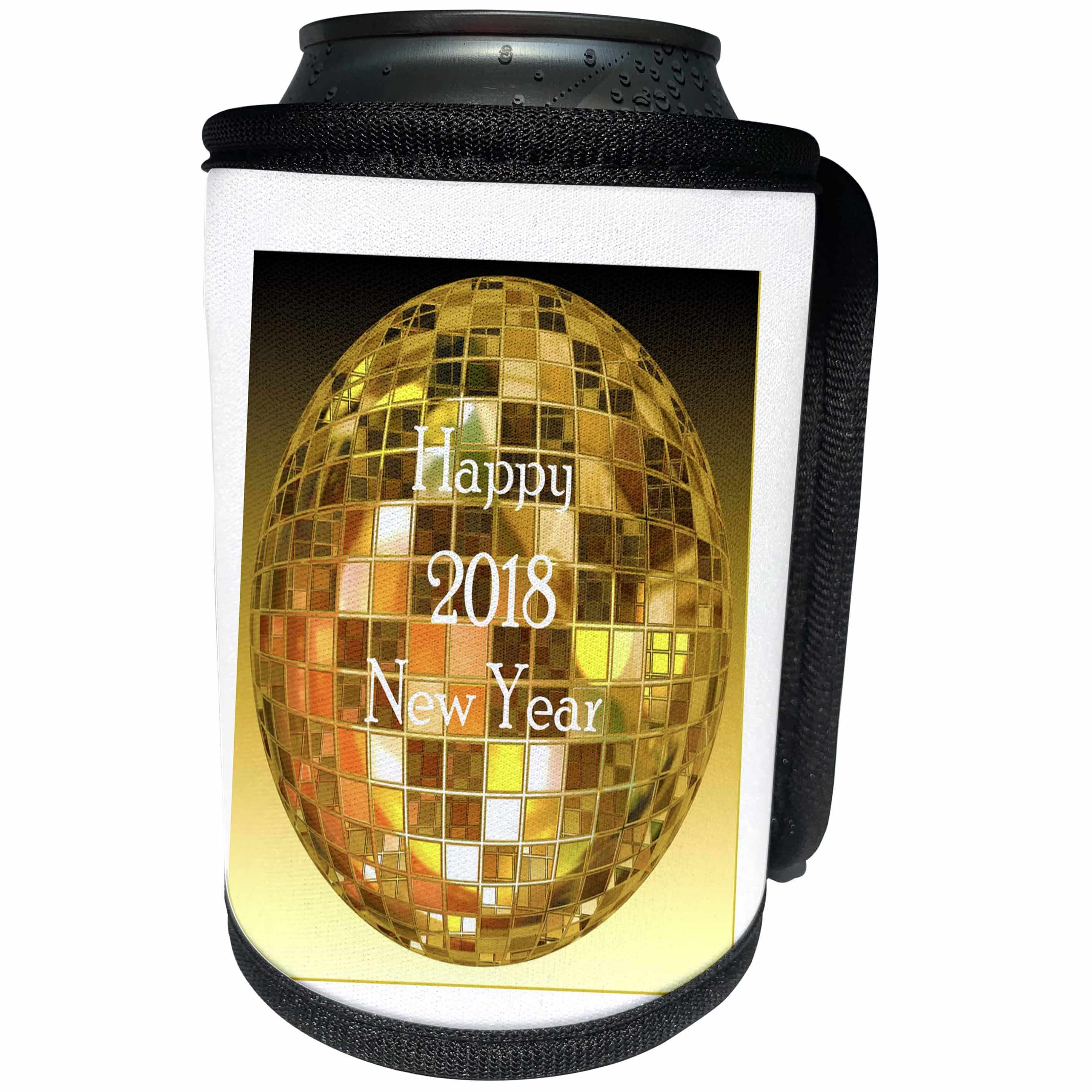 3dRose New Year Designs - Image of Happy 2018 New Year On Gold Disco Ball - Can Cooler Bottle Wrap (cc_266402)