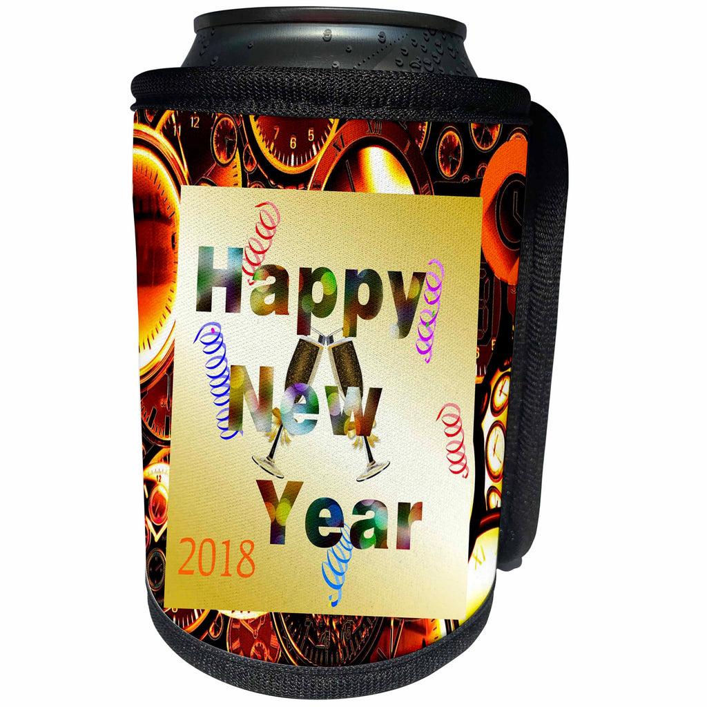 3dRose New Year Designs - Image of Cheerful 2018 Happy New Year On Old Clocks - Can Cooler Bottle Wrap (cc_266407)