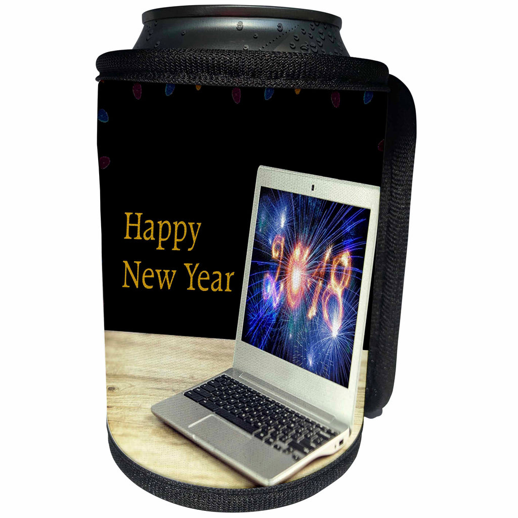 3dRose New Year Designs - Image of Laptop With Fireworks and 2018 Happy New Year - Can Cooler Bottle Wrap (cc_266408)