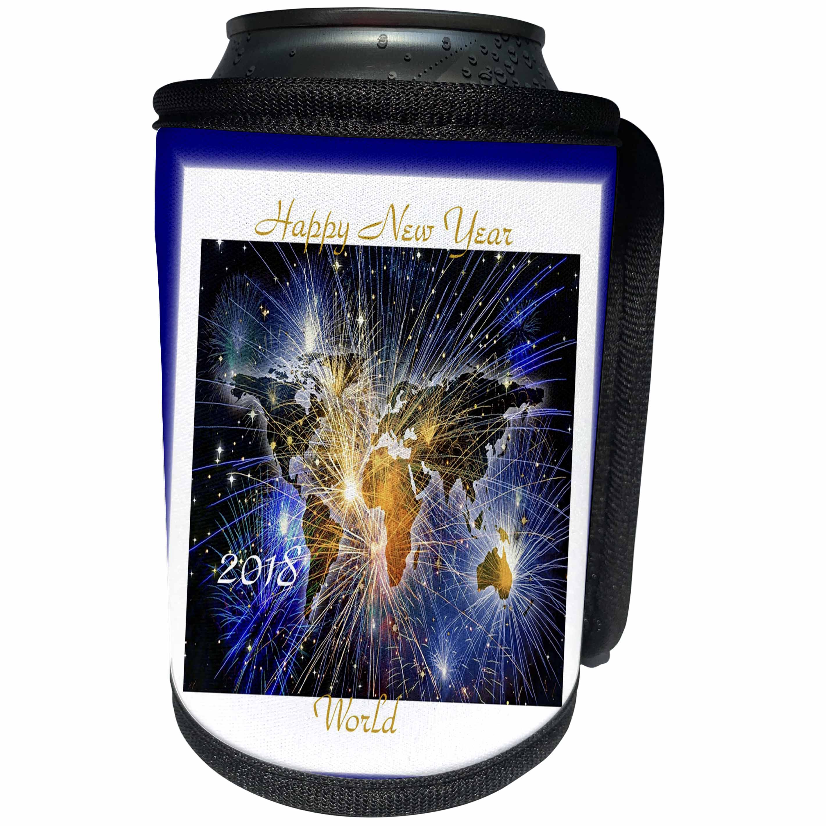 3dRose New Year Designs - Image of Happy 2018 New Year On Map Of World With Sparkles - Can Cooler Bottle Wrap (cc_266411)