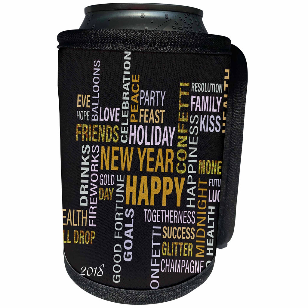 3dRose New Year Designs - Image of Black White Gold Collage Of Words For New Year - Can Cooler Bottle Wrap (cc_266412)