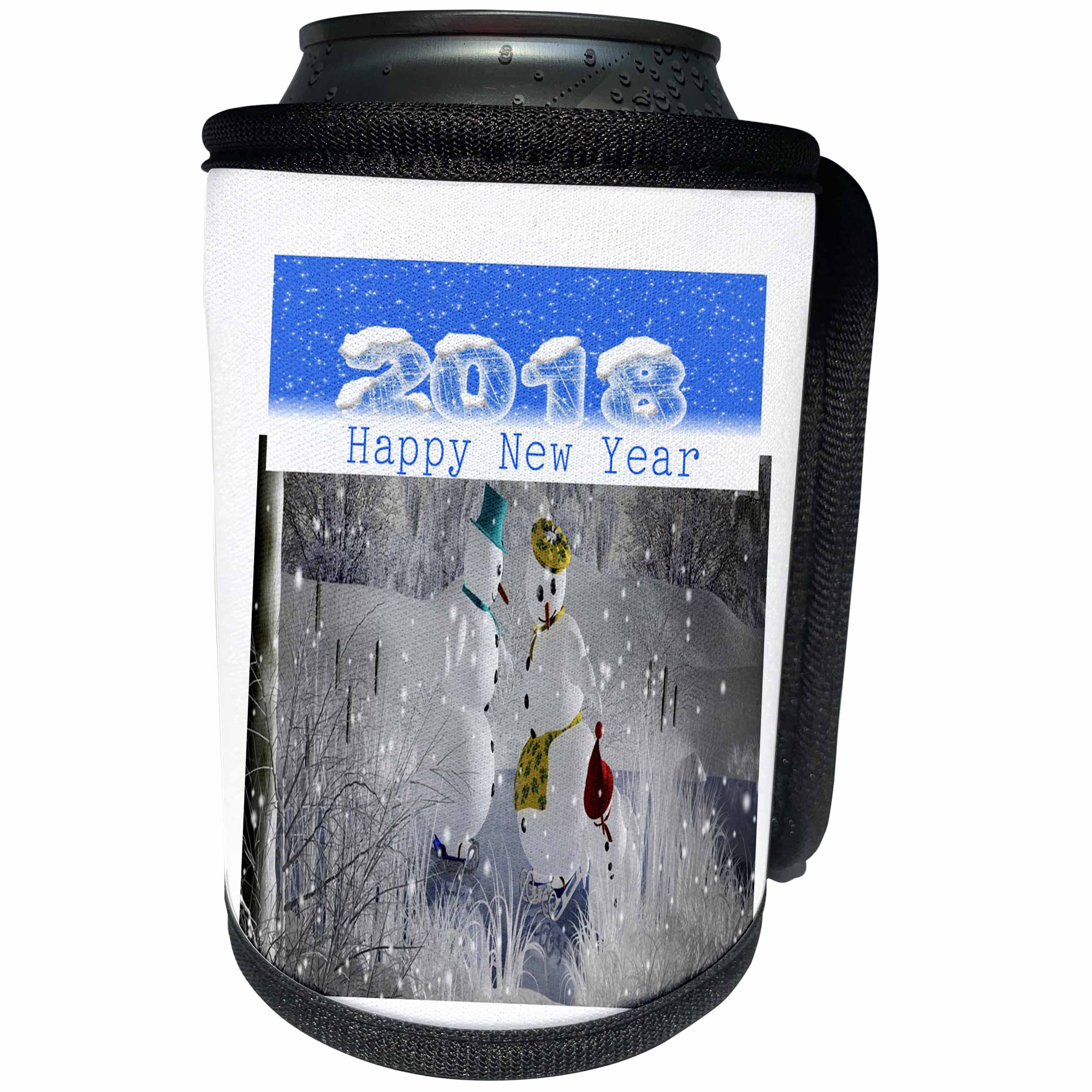 3dRose New Year Designs - Image of Family Of Snowmen and 2018 In Snowy Numbers - Can Cooler Bottle Wrap (cc_266414)