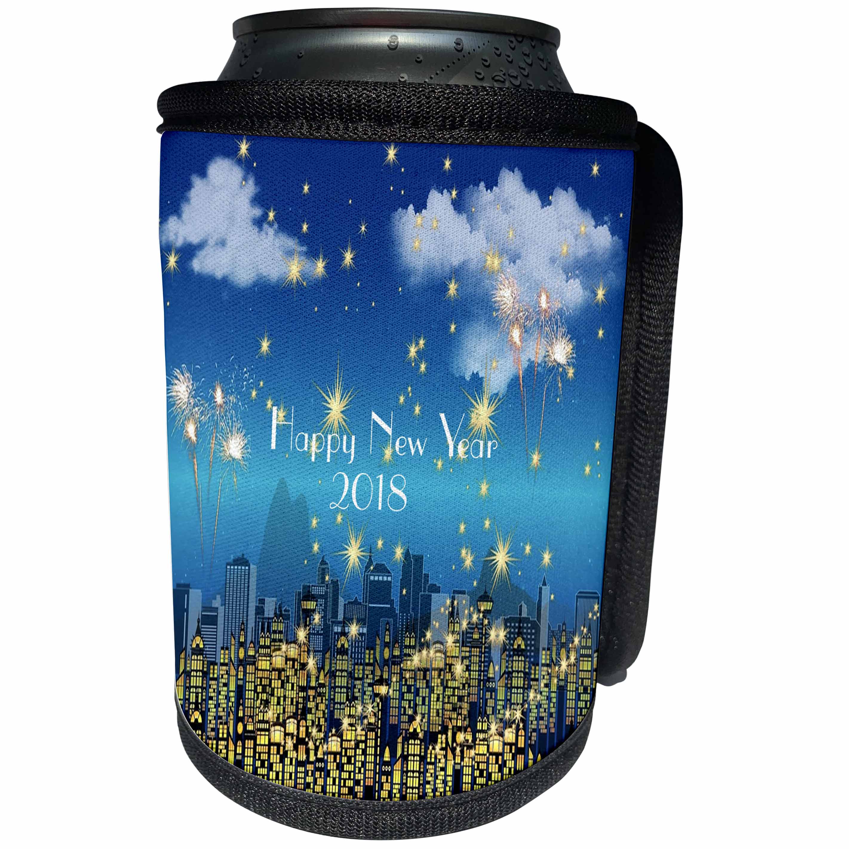 3dRose New Year Designs - Image of Happy New Year 2018 On Cityscape Skyline - Can Cooler Bottle Wrap (cc_266415)