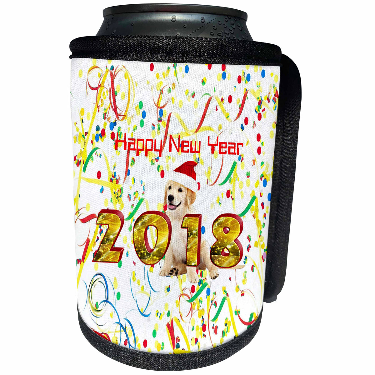 3dRose New Year Designs - Image of Happy 2018 New Year With Streamers and Doggie - Can Cooler Bottle Wrap (cc_266416)