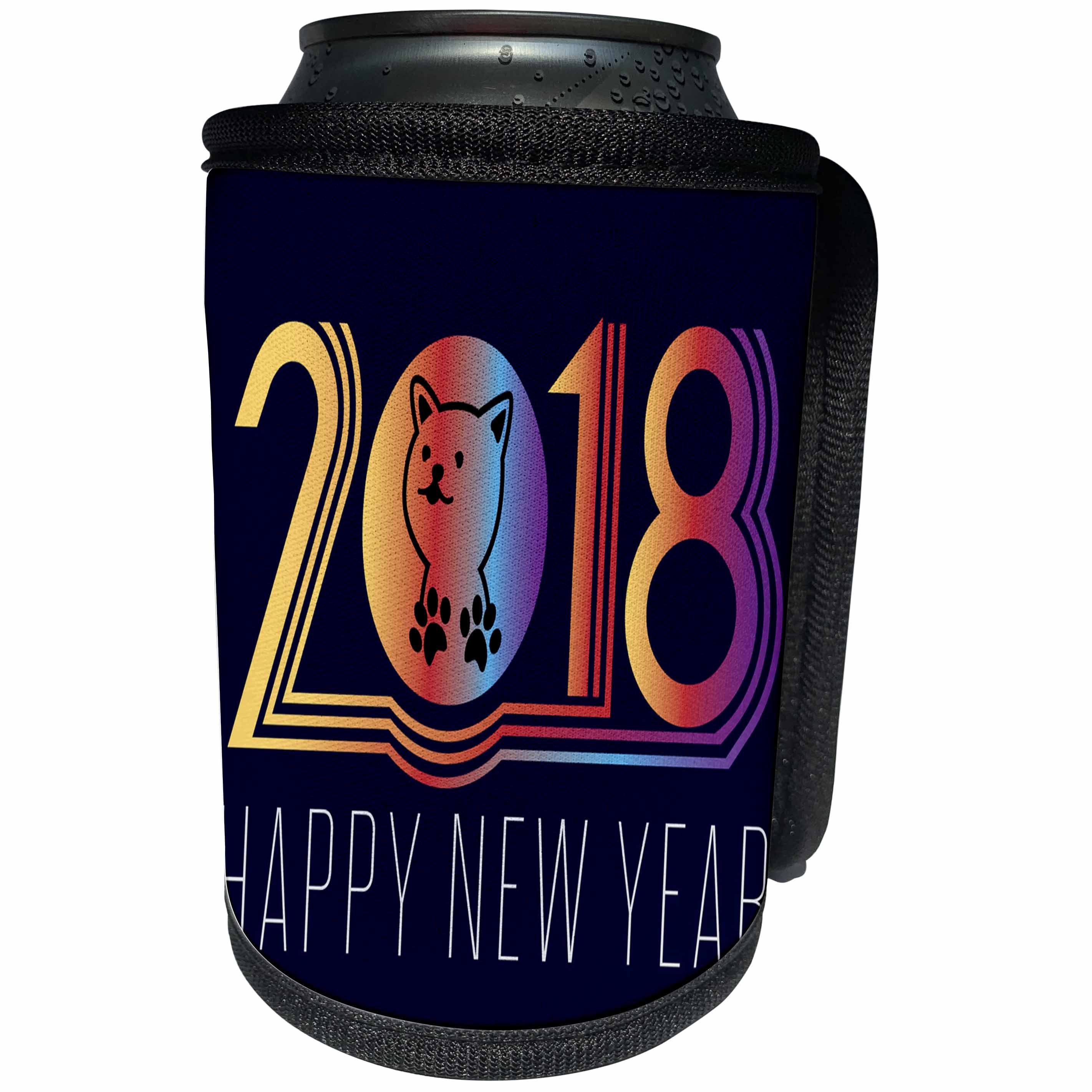 3dRose New Year Designs - Image of Cute 2018 Happy New Year With Pussycat On Navy - Can Cooler Bottle Wrap (cc_266417)