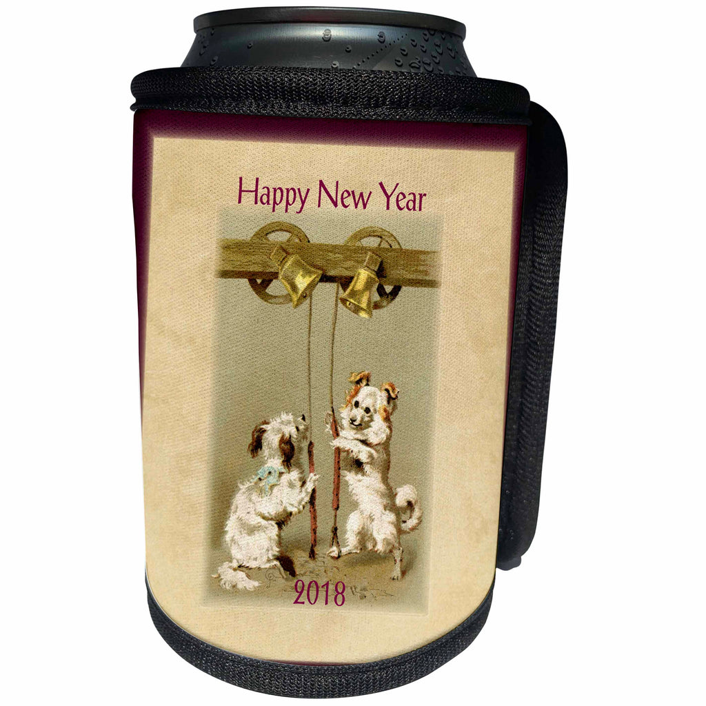 3dRose New Year Designs - Image of two Vintage Style Doggies Ring In New Year 2018 - Can Cooler Bottle Wrap (cc_266419)
