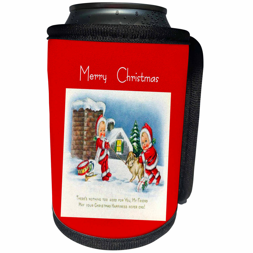 3dRose SmudgeArt All Things Christmas - Kids With Their Dog Friendship Verse Merry Christmas - Can Cooler Bottle Wrap (cc_26642)