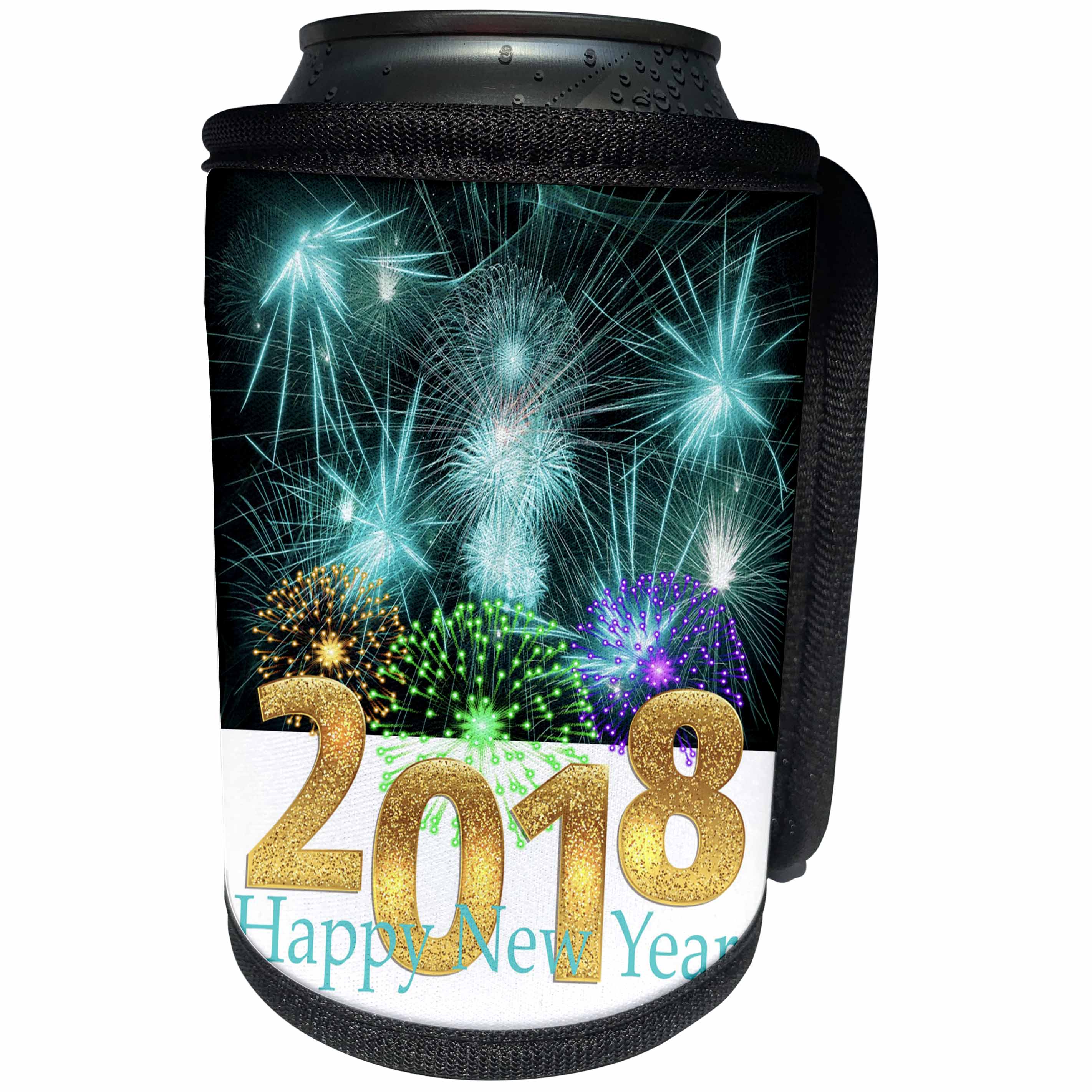 3dRose New Year Designs - Image of Bold Gold 2018 New Year On Aqua Fireworks - Can Cooler Bottle Wrap (cc_266421)