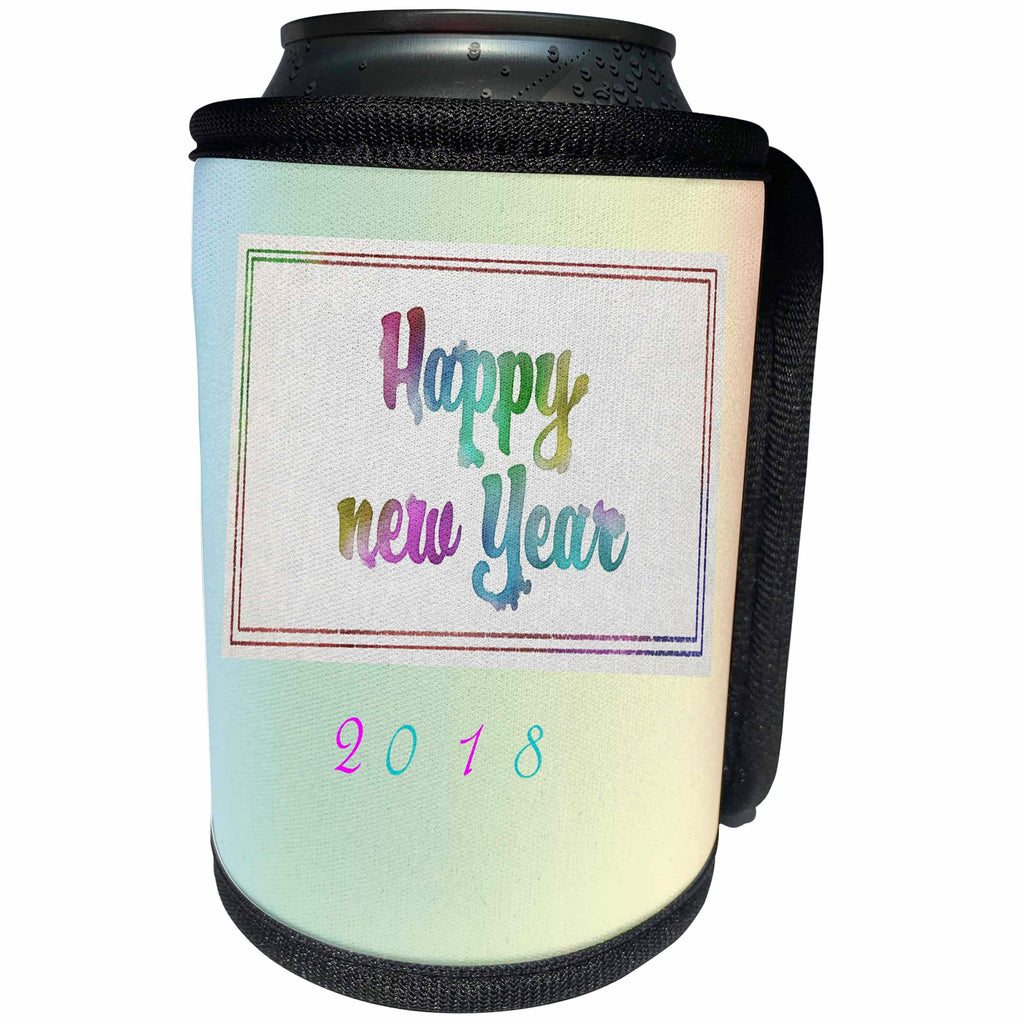 3dRose New Year Designs - Image of Soft Happy New Year 2018 Watercolor Pastels - Can Cooler Bottle Wrap (cc_266422)